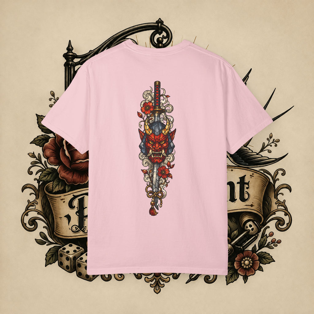Japanese Text & Oni Mask T-shirt | Samurai Tattoo Back Print