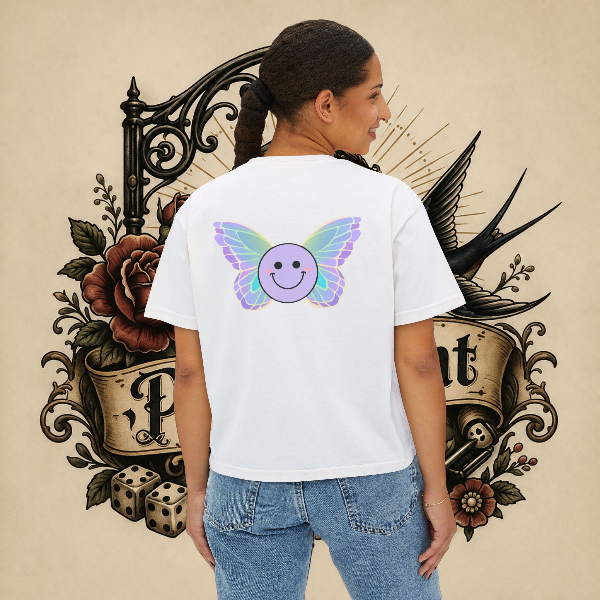 Women's Boxy Tee — "Fueled by Rage" Cute Rainbow Bunny Graphic