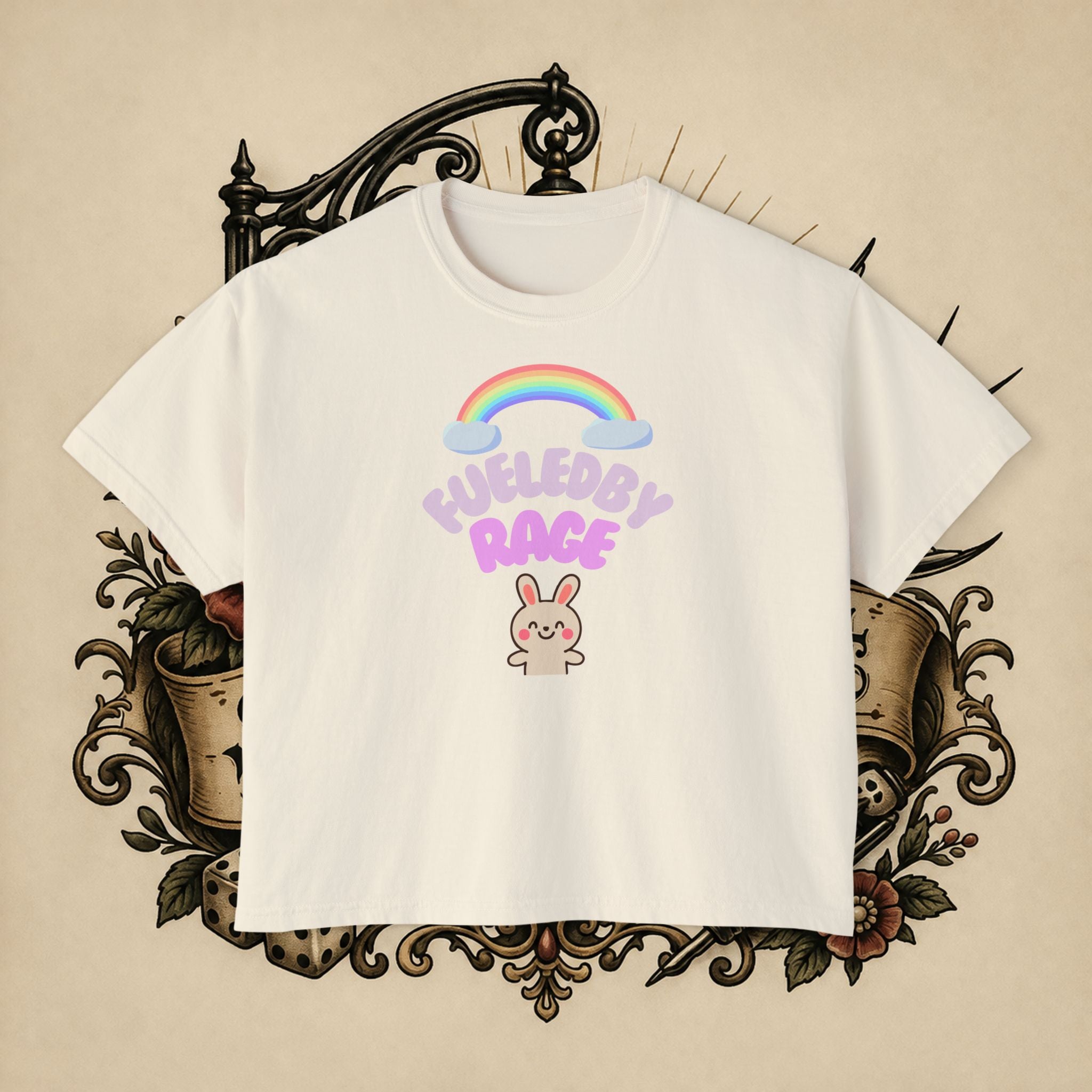 Women's Boxy Tee — "Fueled by Rage" Cute Rainbow Bunny Graphic