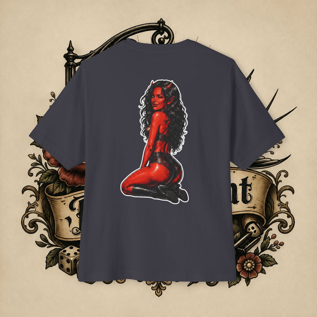 Devil Girl Graphic Tee — "He Told Me No" Oversized Boxy T-Shirt