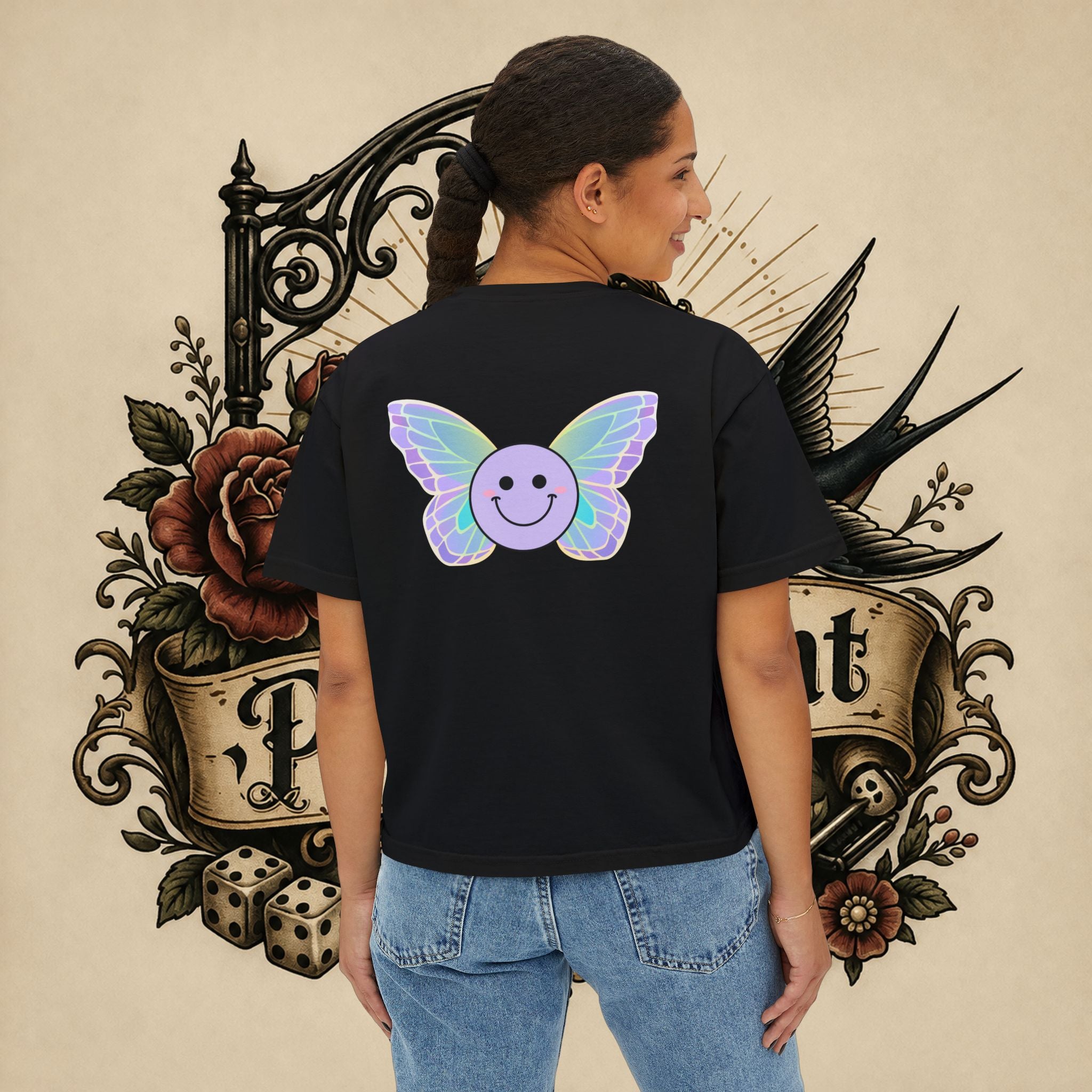 Women's Boxy Tee — "Fueled by Rage" Cute Rainbow Bunny Graphic