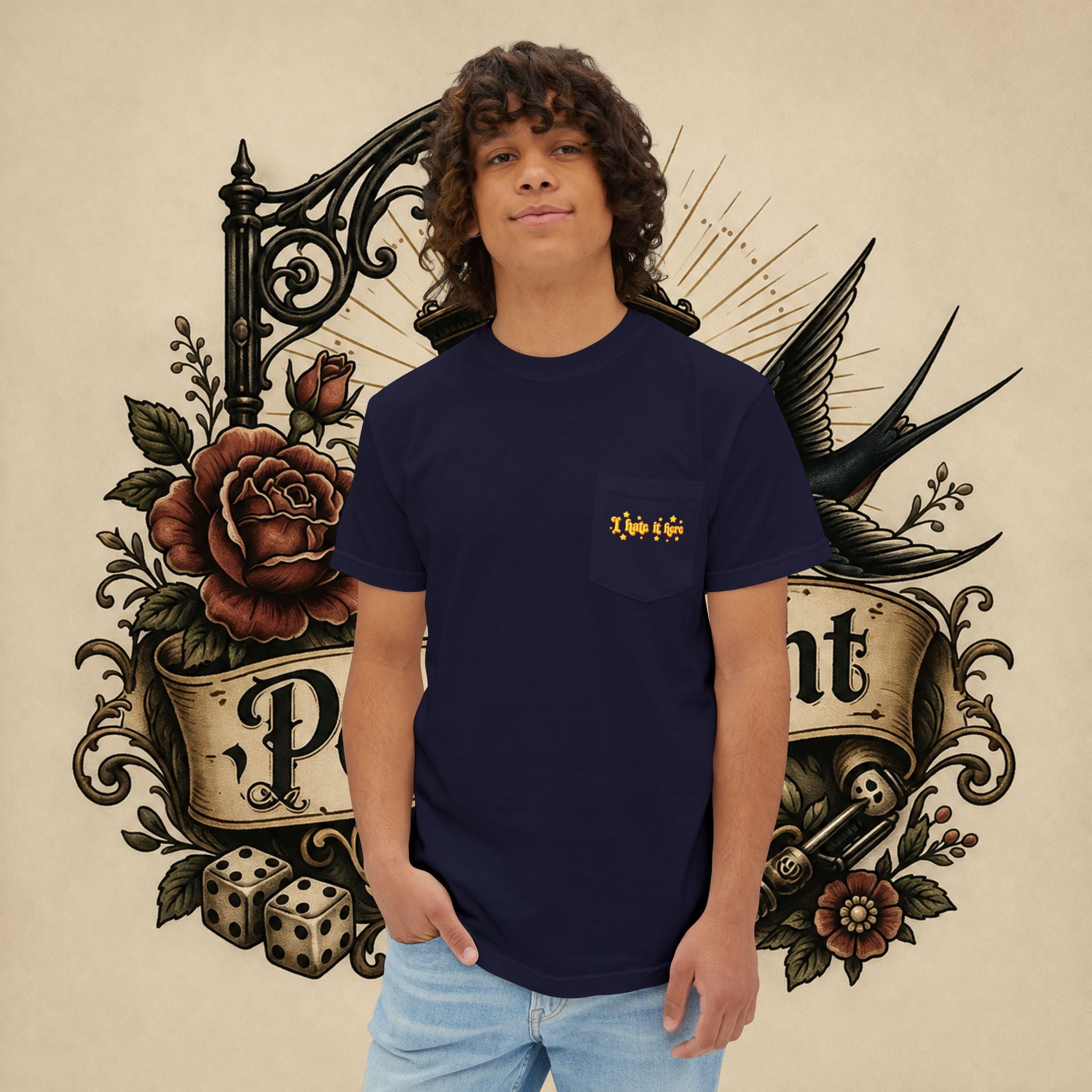 I Hate It Here T-Shirt | Pocket Tee with Retro Yellow Script & Stars
