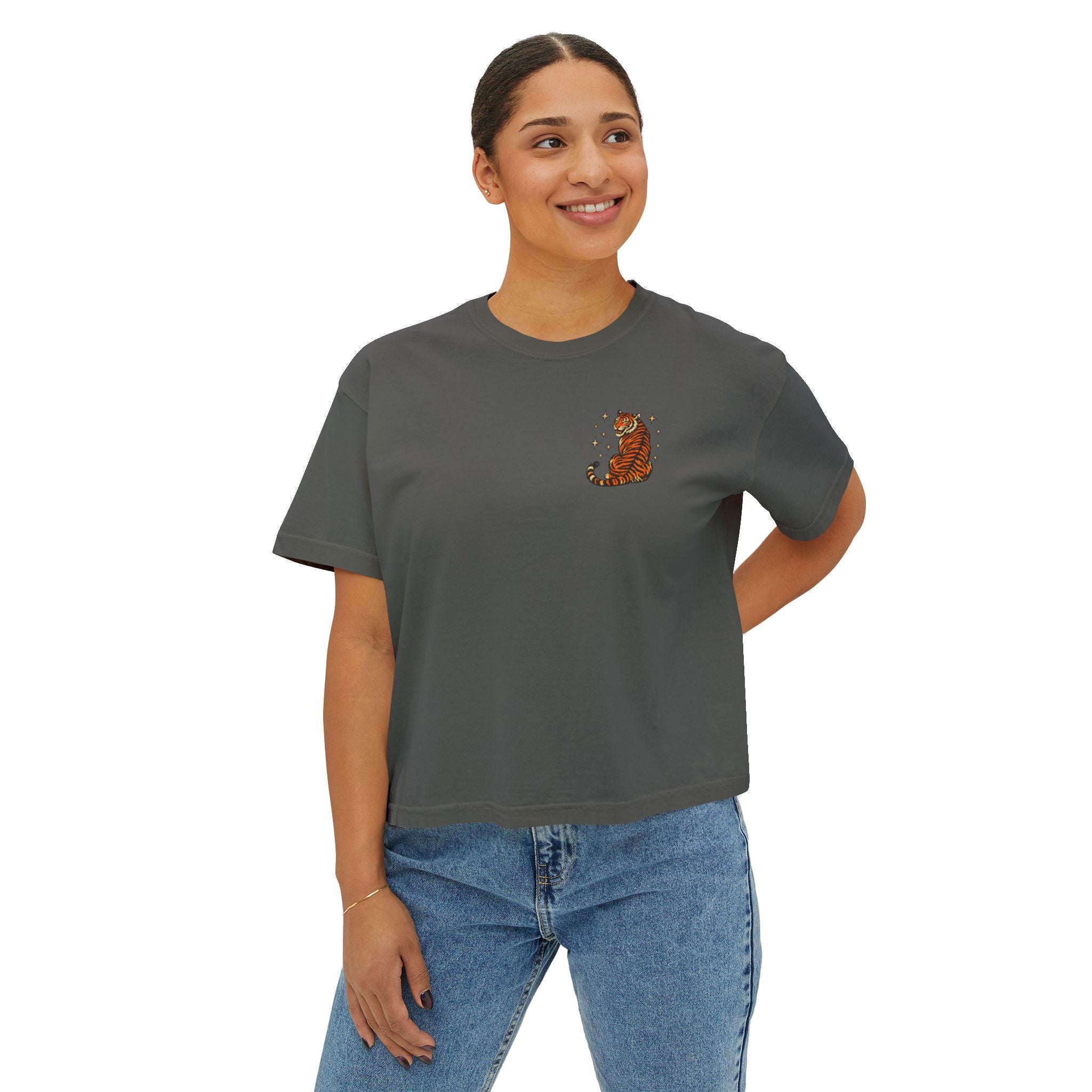 Women's Boxy Tee — Vintage Lantern & Cat Graphic T-Shirt