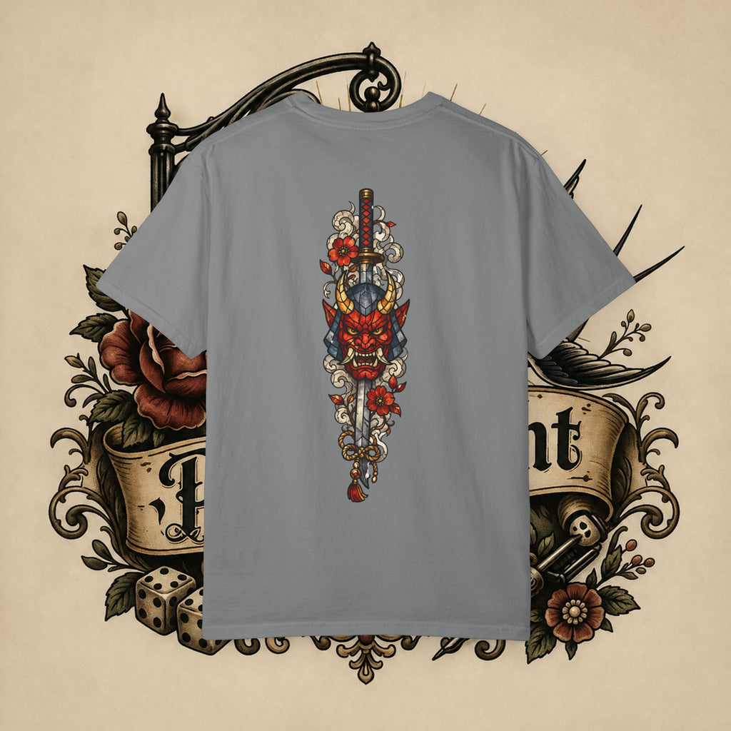 Japanese Text & Oni Mask T-shirt | Samurai Tattoo Back Print