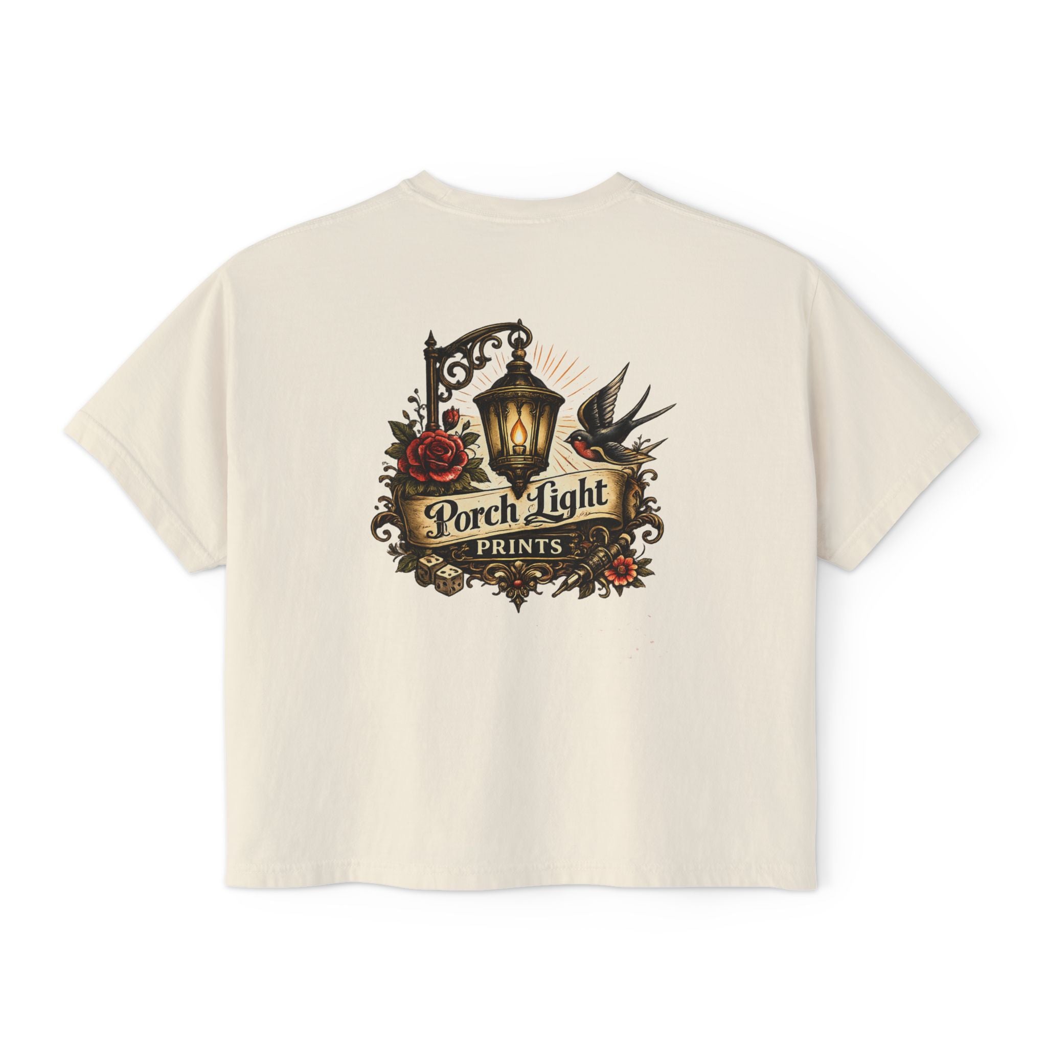 Women's Boxy Tee — Vintage Lantern & Cat Graphic T-Shirt