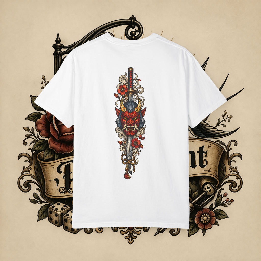 Japanese Text & Oni Mask T-shirt | Samurai Tattoo Back Print