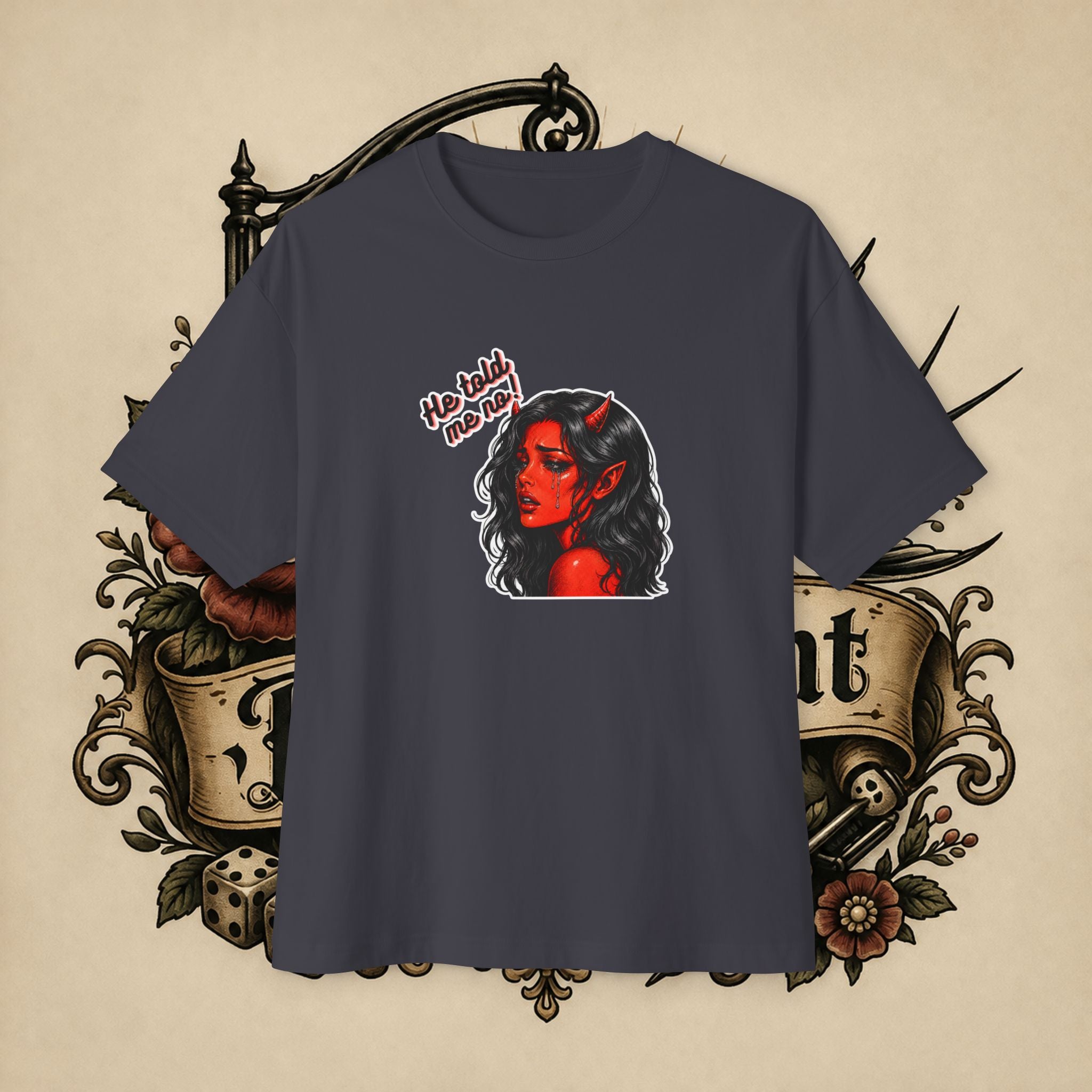 Devil Girl Graphic Tee — "He Told Me No" Oversized Boxy T-Shirt