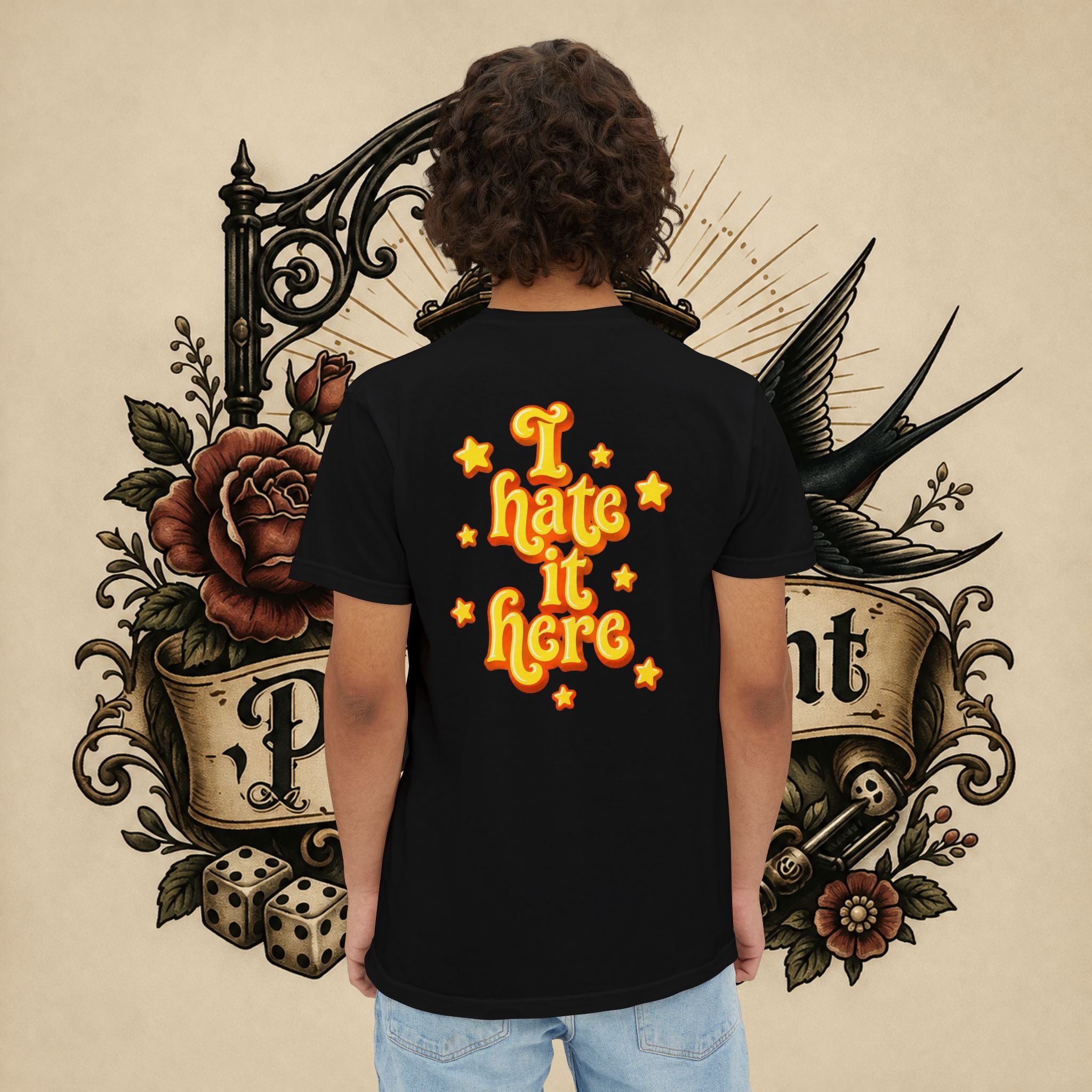 I Hate It Here T-Shirt | Pocket Tee with Retro Yellow Script & Stars