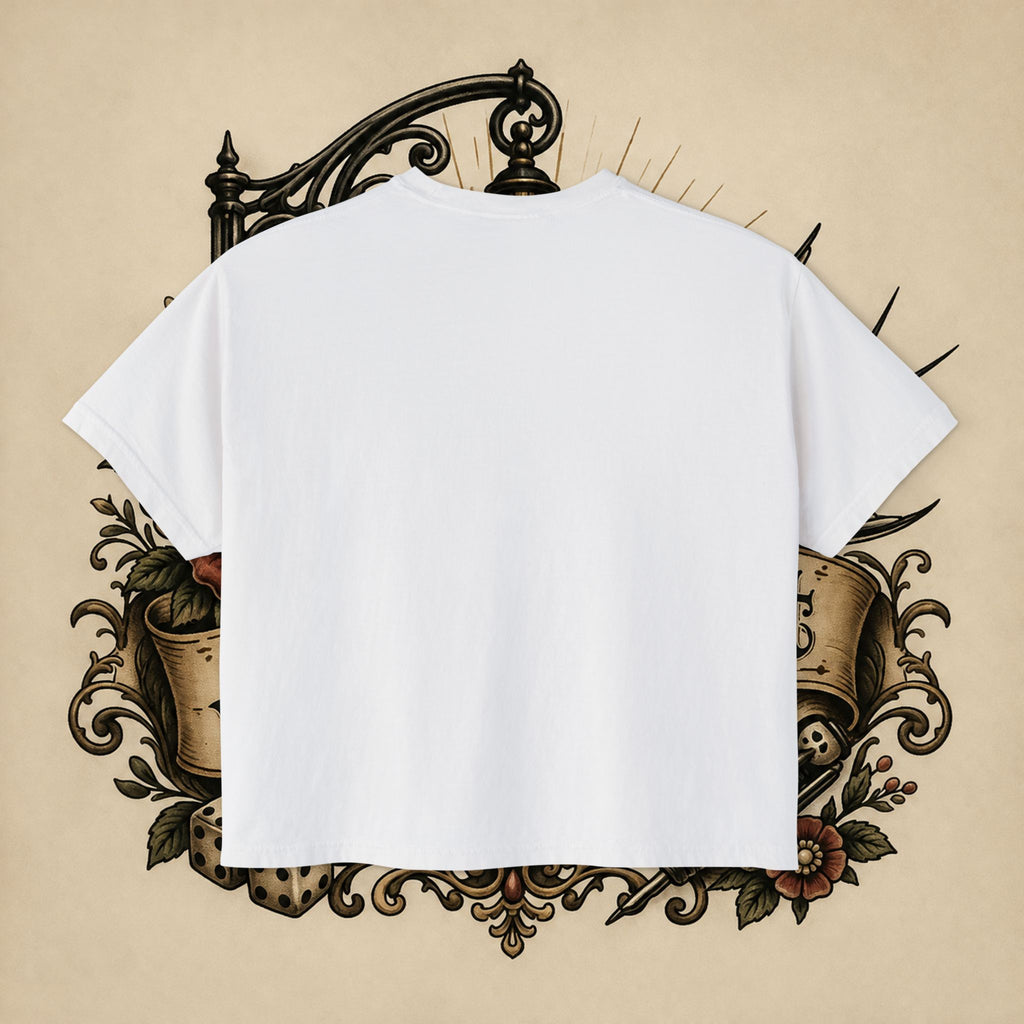 Women's Boxy Tee — Red Devil Girl Graphic "He Told Me No"