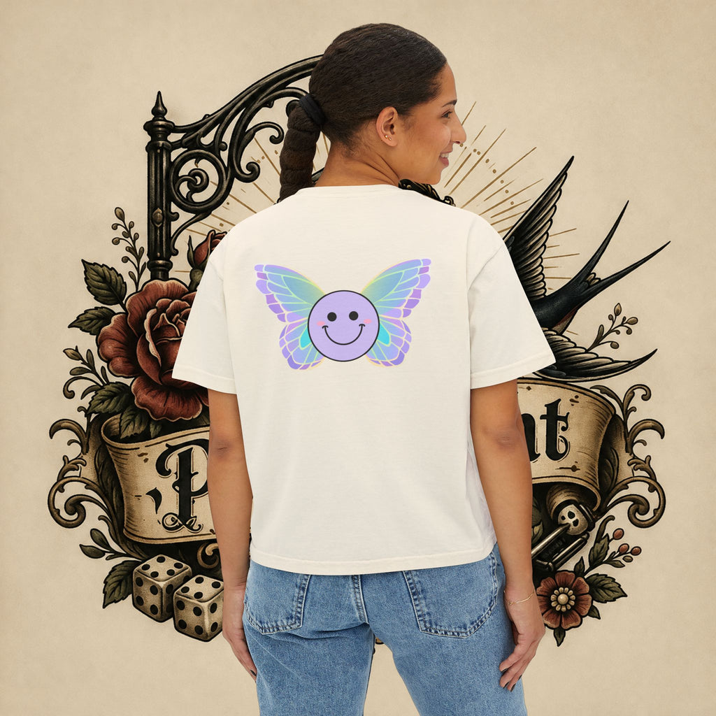 Women's Boxy Tee — "Fueled by Rage" Cute Rainbow Bunny Graphic