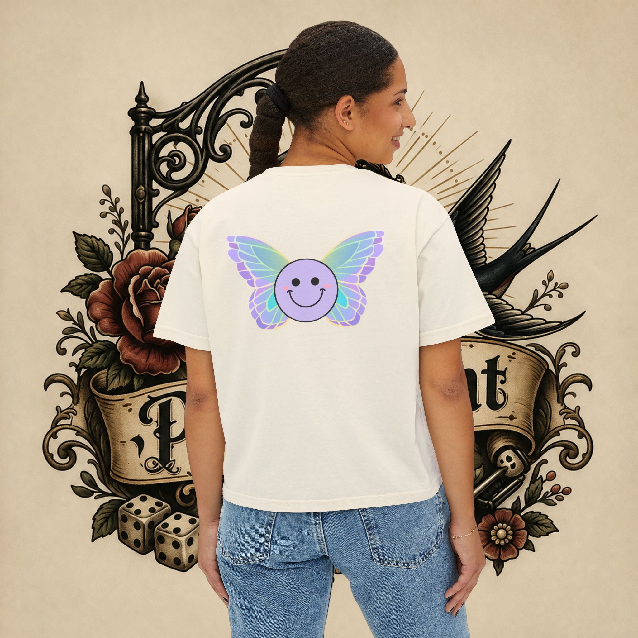 Women's Boxy Tee — "Fueled by Rage" Cute Rainbow Bunny Graphic