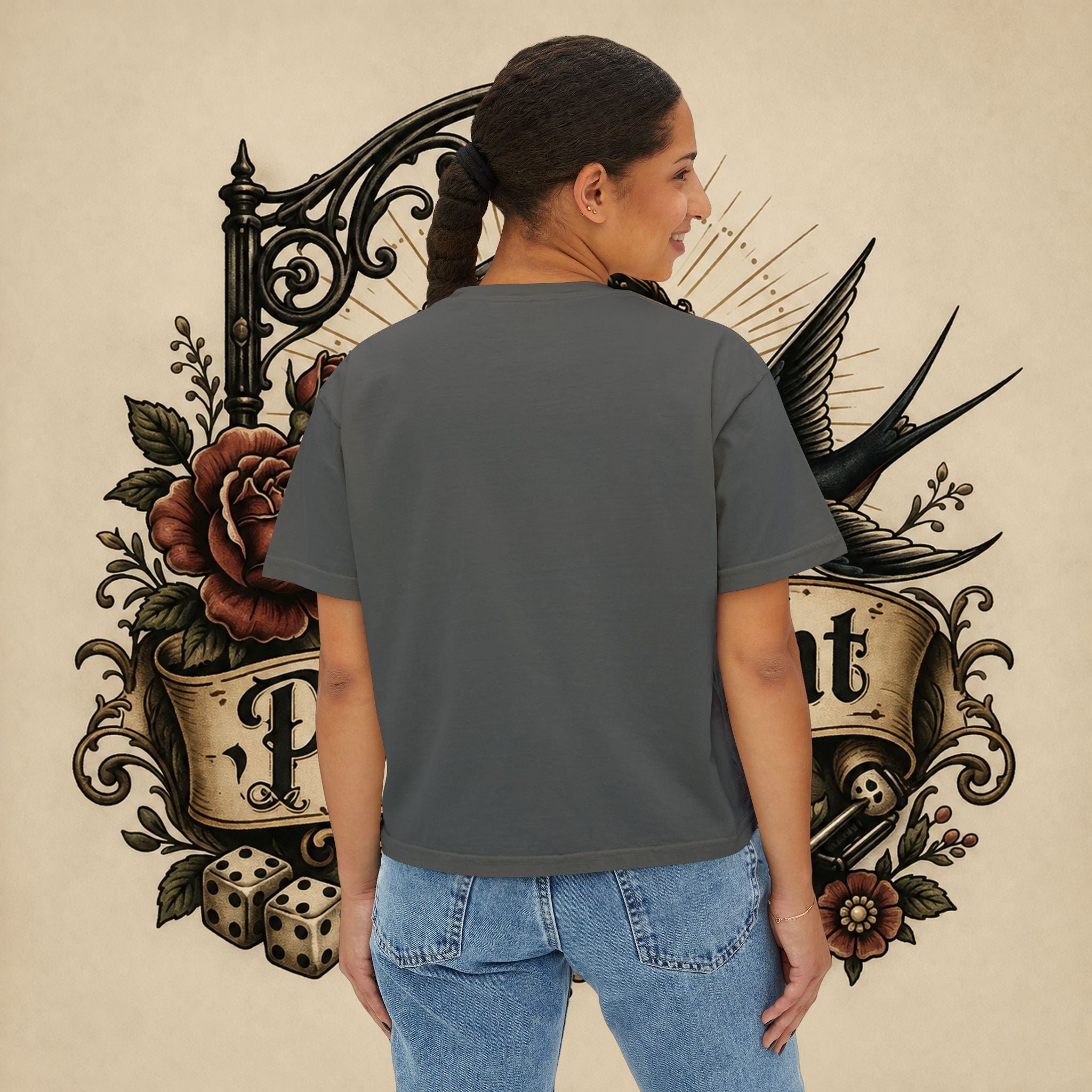 Women's Boxy Tee — Red Devil Girl Graphic "He Told Me No"