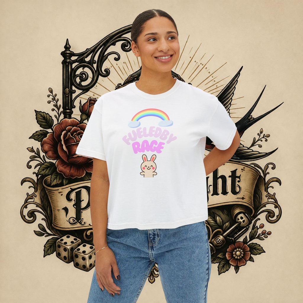 Women's Boxy Tee — "Fueled by Rage" Cute Rainbow Bunny Graphic