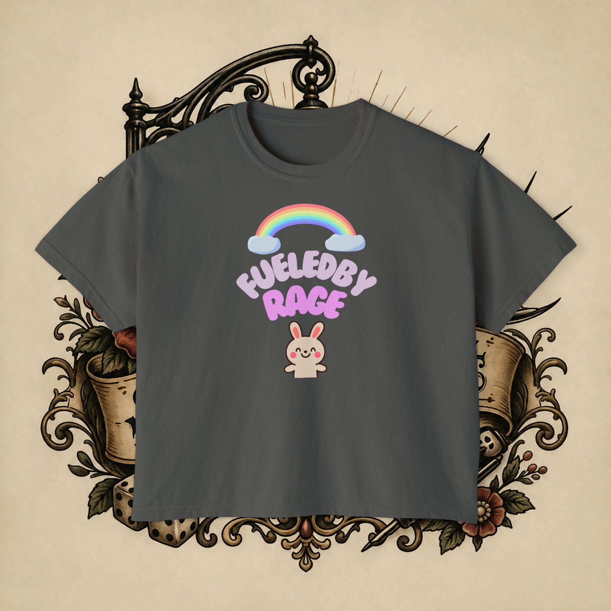 Women's Boxy Tee — "Fueled by Rage" Cute Rainbow Bunny Graphic