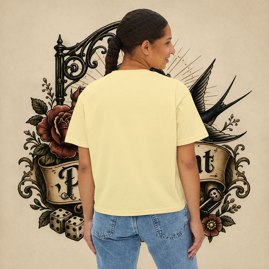 Women's Boxy Tee — Red Devil Girl Graphic "He Told Me No"