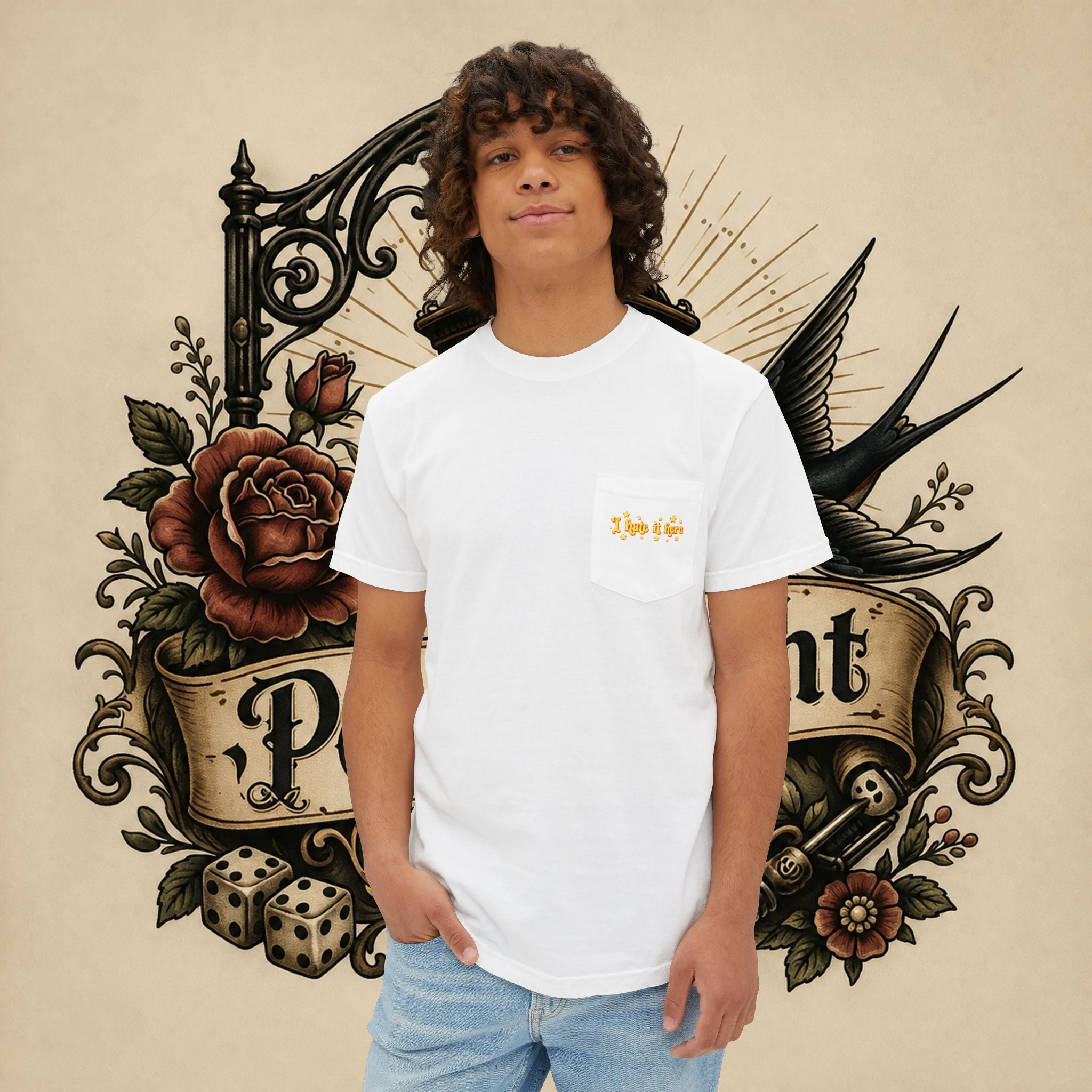 I Hate It Here T-Shirt | Pocket Tee with Retro Yellow Script & Stars