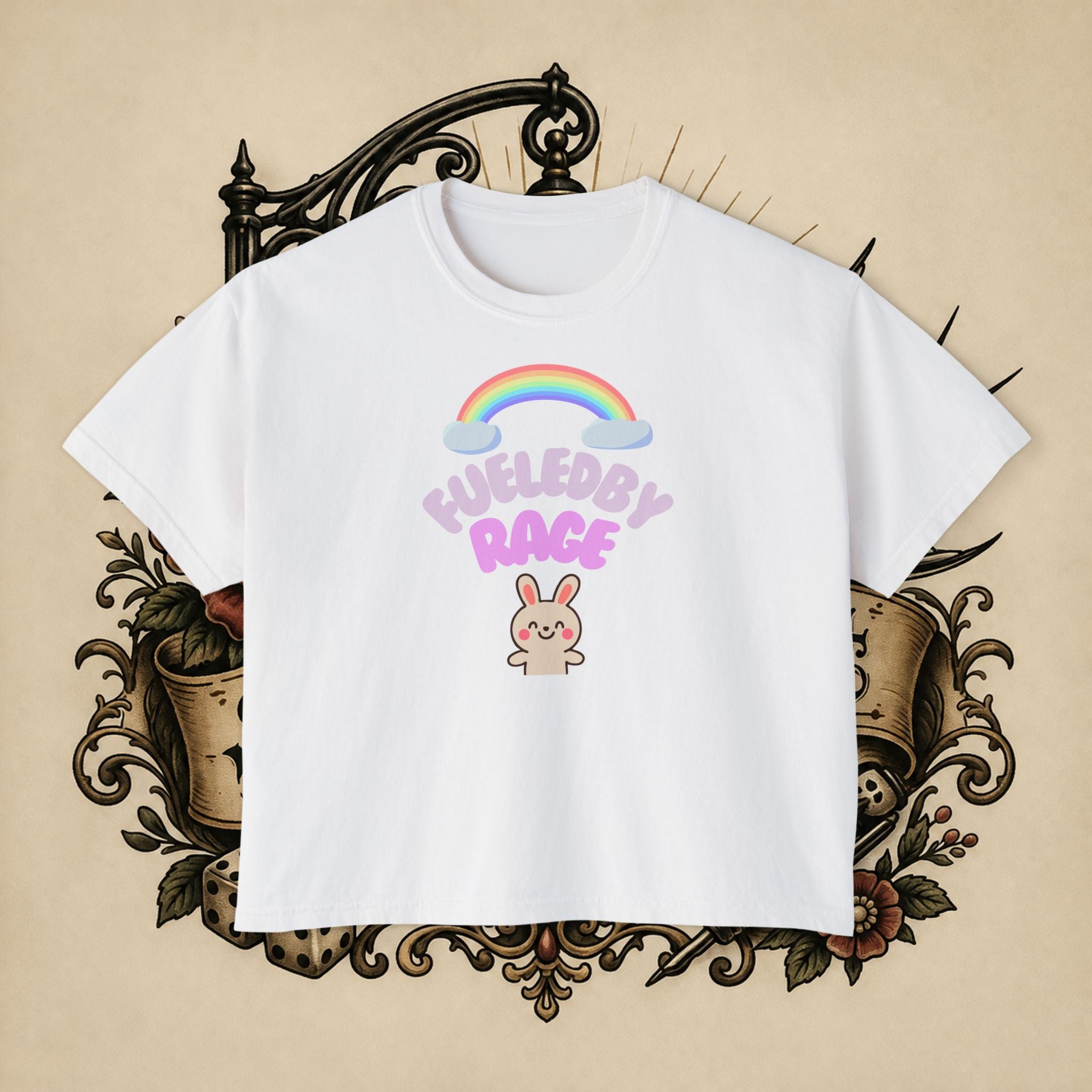 Women's Boxy Tee — "Fueled by Rage" Cute Rainbow Bunny Graphic