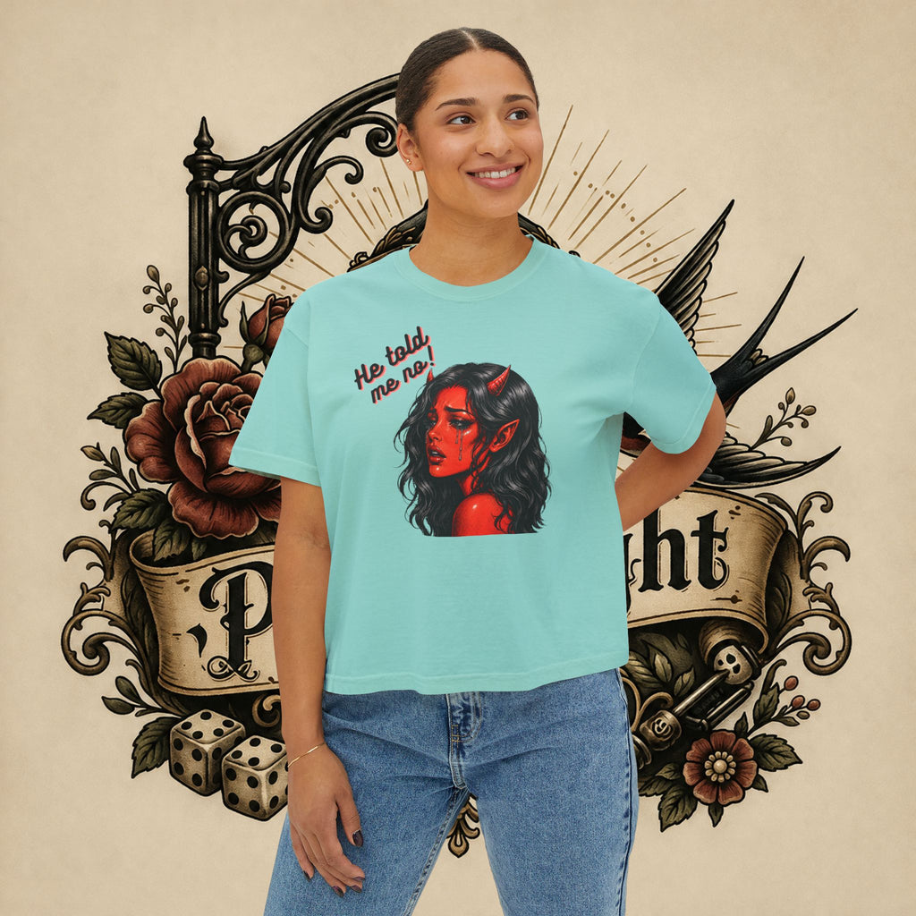 Women's Boxy Tee — Red Devil Girl Graphic "He Told Me No"