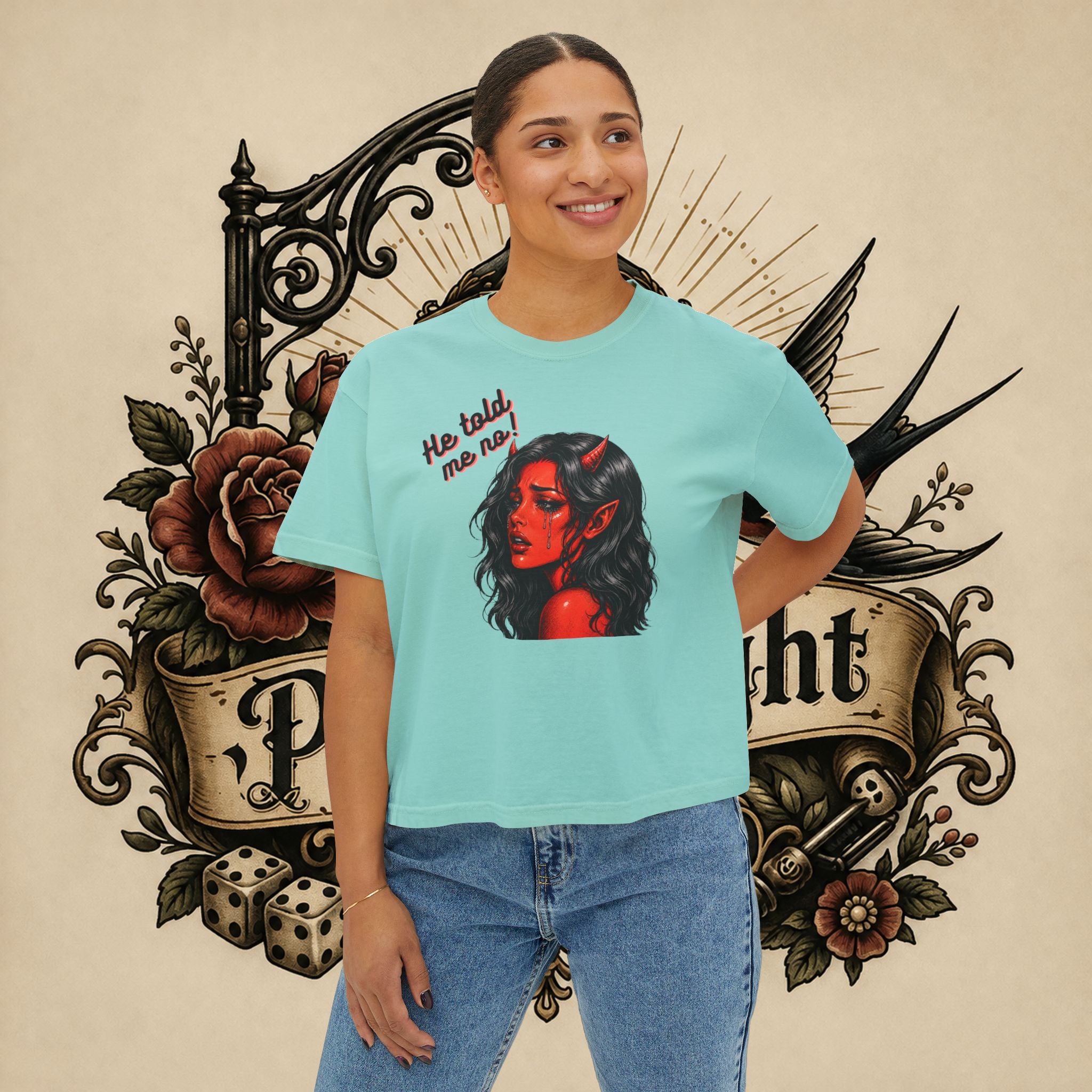 Women's Boxy Tee — Red Devil Girl Graphic "He Told Me No"