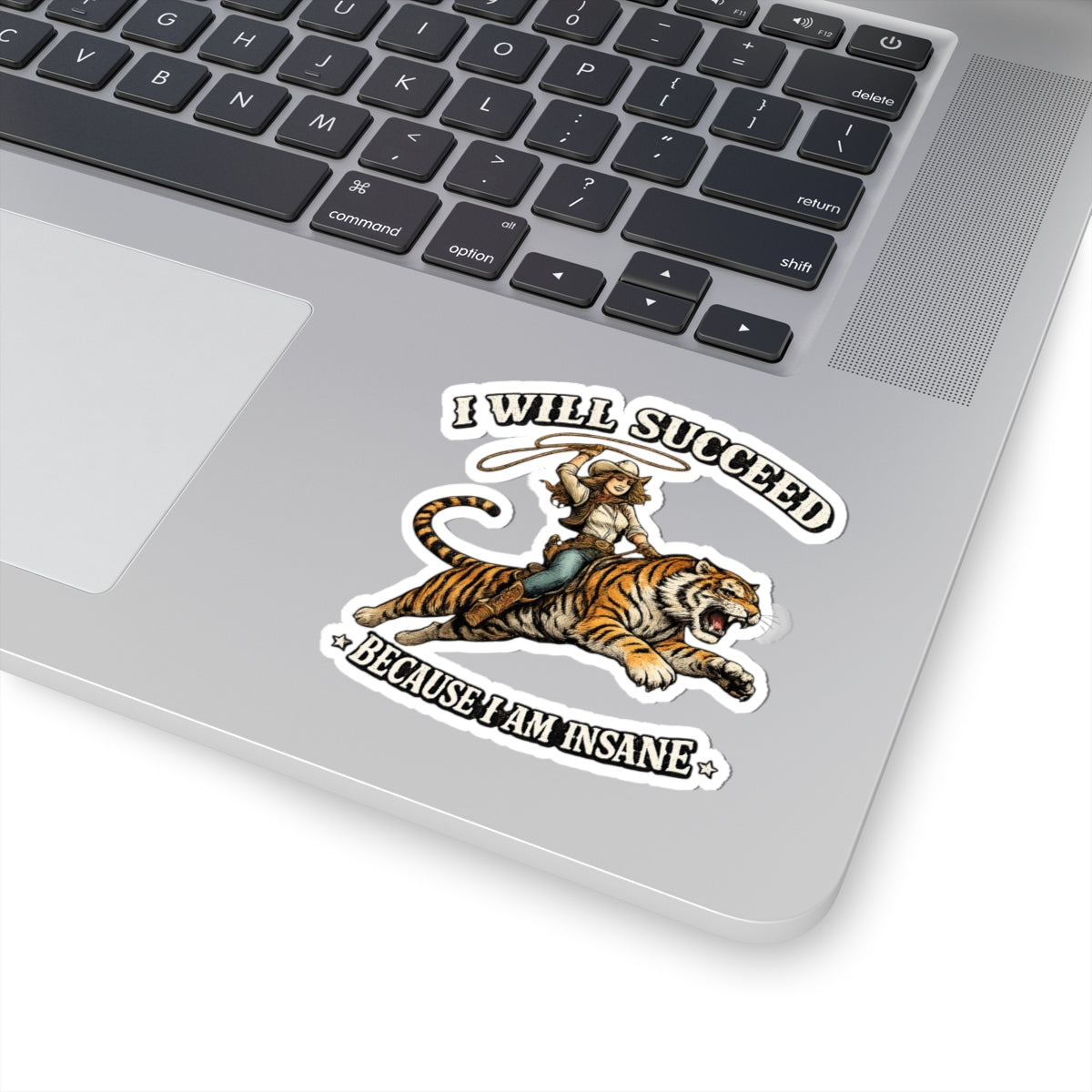 I Will Succeed Because I Am Insane Sticker — Cowboy Riding Tiger Inspirational Vinyl Sticker