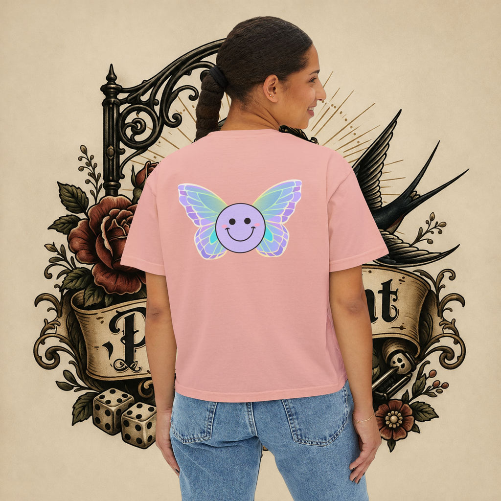 Women's Boxy Tee — "Fueled by Rage" Cute Rainbow Bunny Graphic