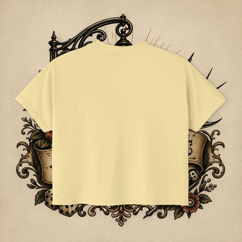 Women's Boxy Tee — Red Devil Girl Graphic "He Told Me No"