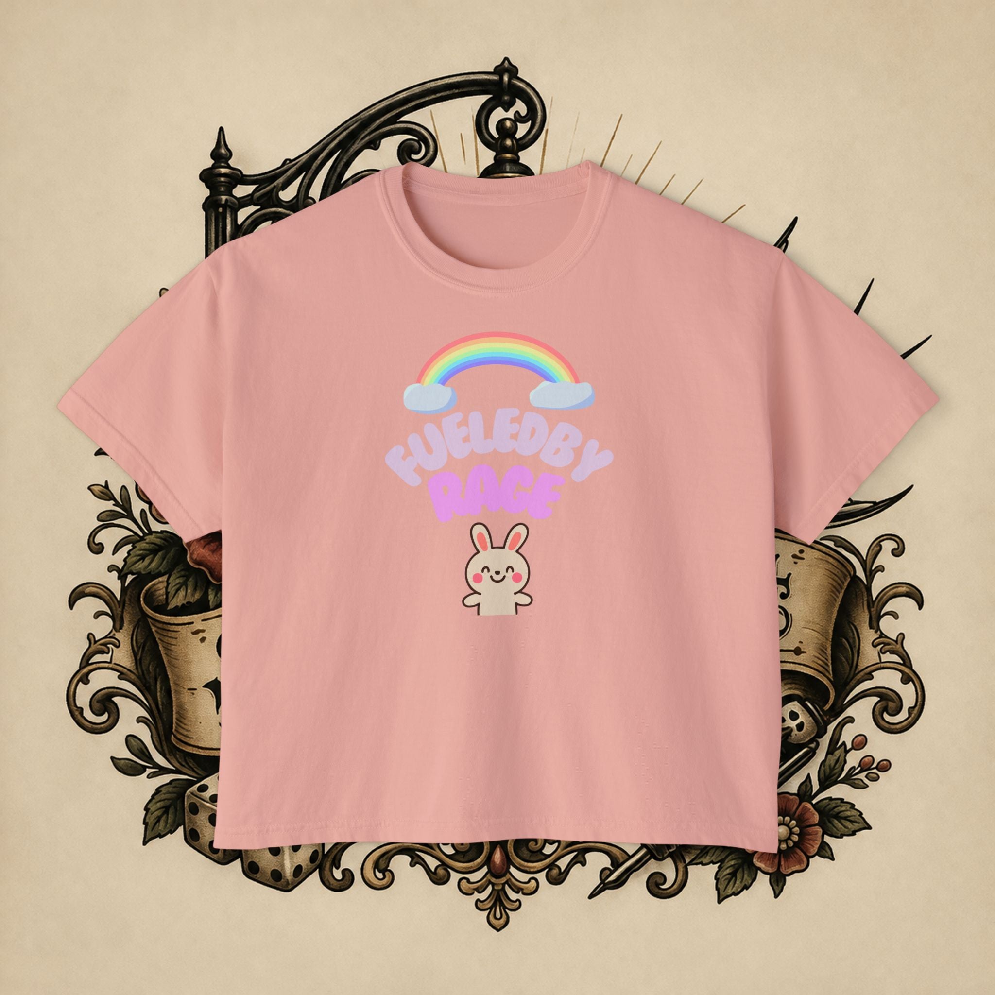 Women's Boxy Tee — "Fueled by Rage" Cute Rainbow Bunny Graphic