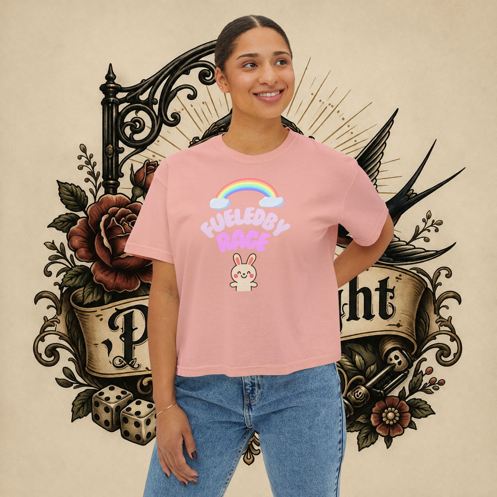 Women's Boxy Tee — "Fueled by Rage" Cute Rainbow Bunny Graphic