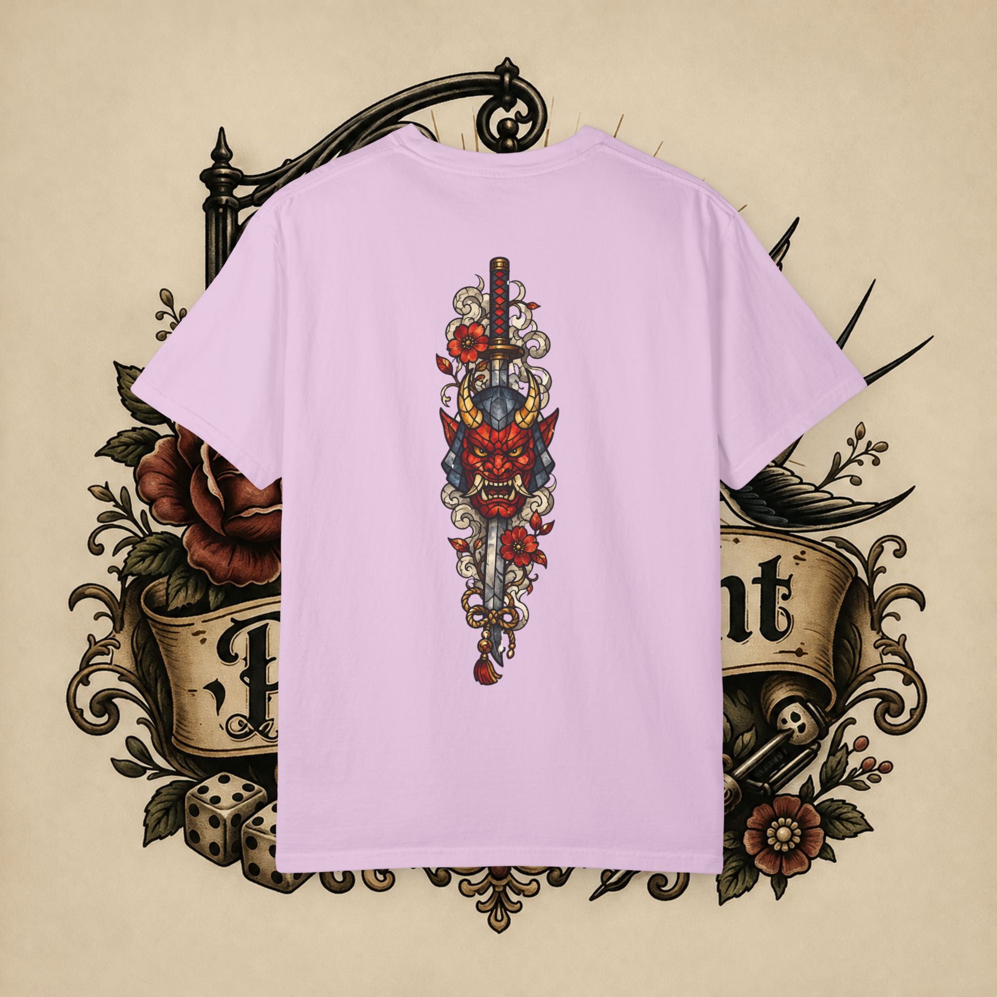 Japanese Text & Oni Mask T-shirt | Samurai Tattoo Back Print