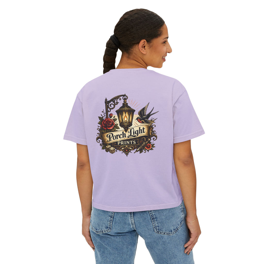 Women's Boxy Tee — Vintage Lantern & Cat Graphic T-Shirt