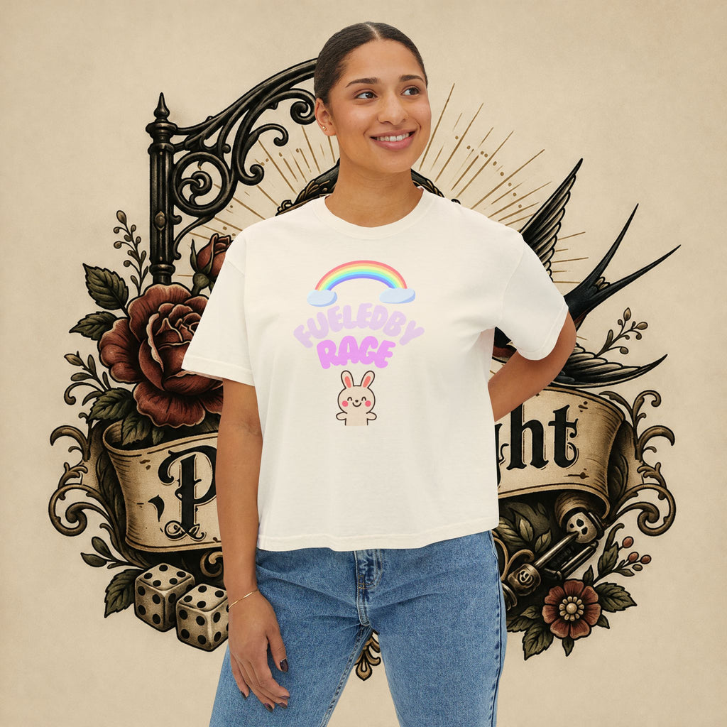 Women's Boxy Tee — "Fueled by Rage" Cute Rainbow Bunny Graphic
