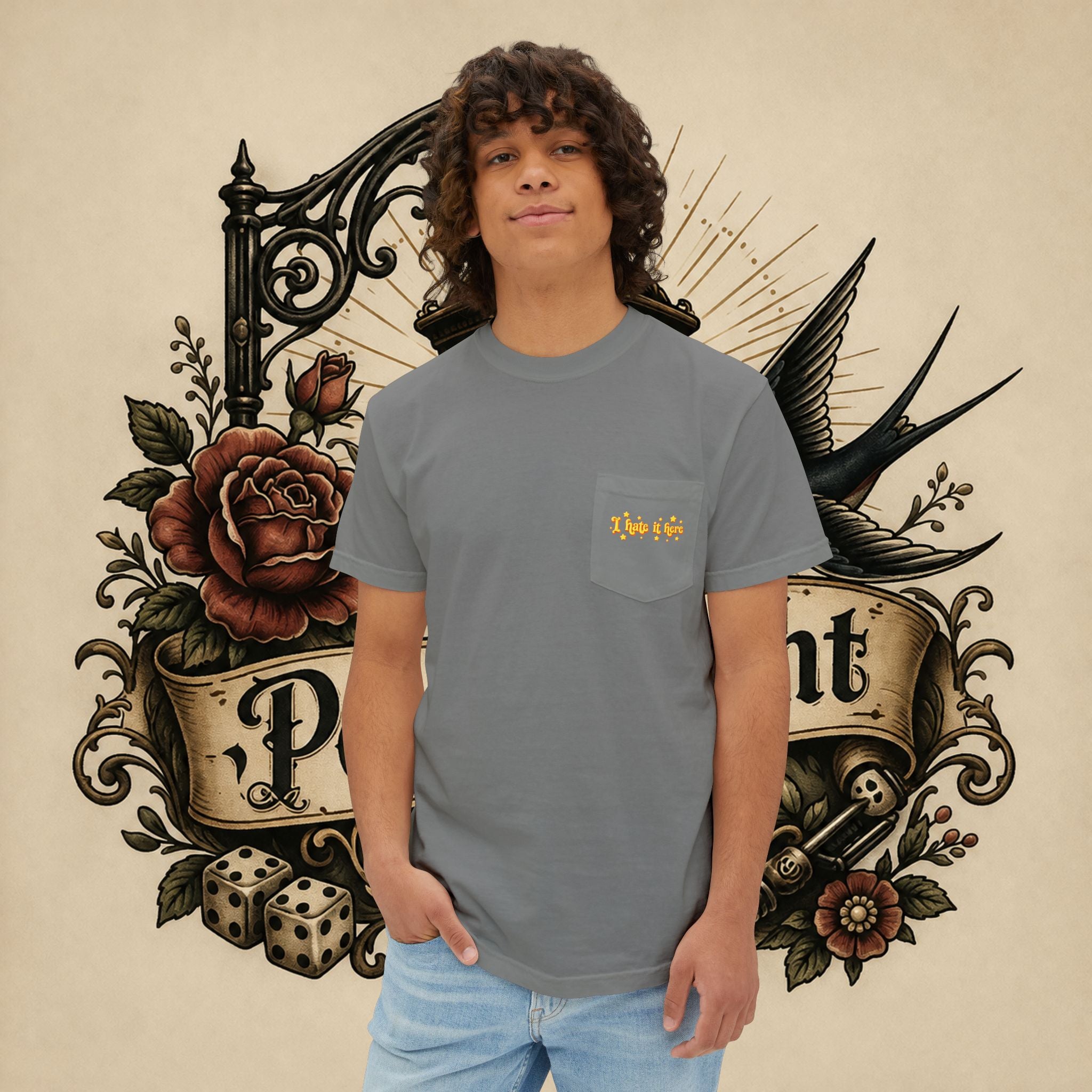 I Hate It Here T-Shirt | Pocket Tee with Retro Yellow Script & Stars
