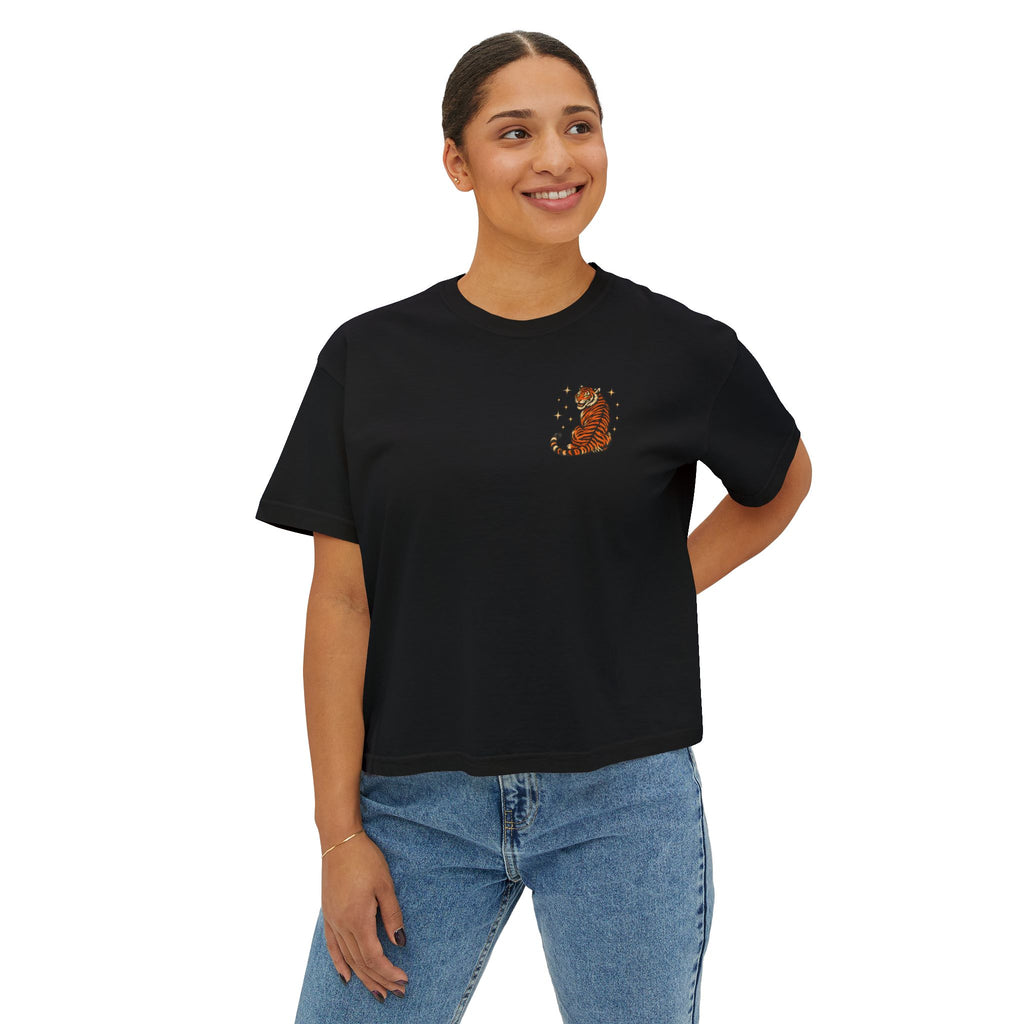 Women's Boxy Tee — Vintage Lantern & Cat Graphic T-Shirt