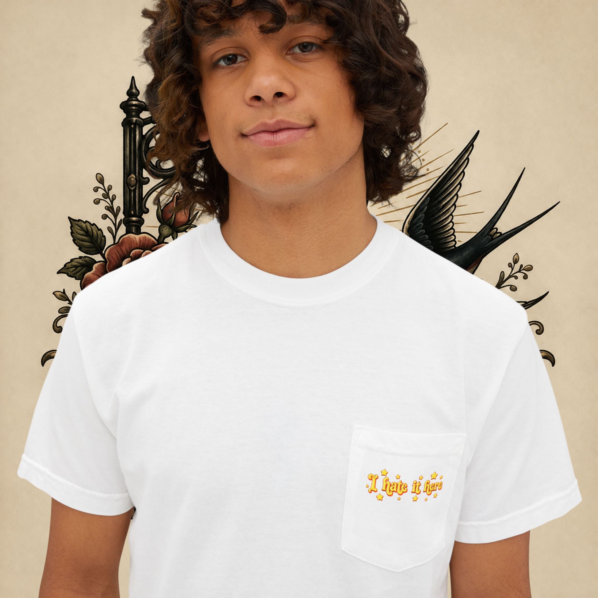 I Hate It Here T-Shirt | Pocket Tee with Retro Yellow Script & Stars