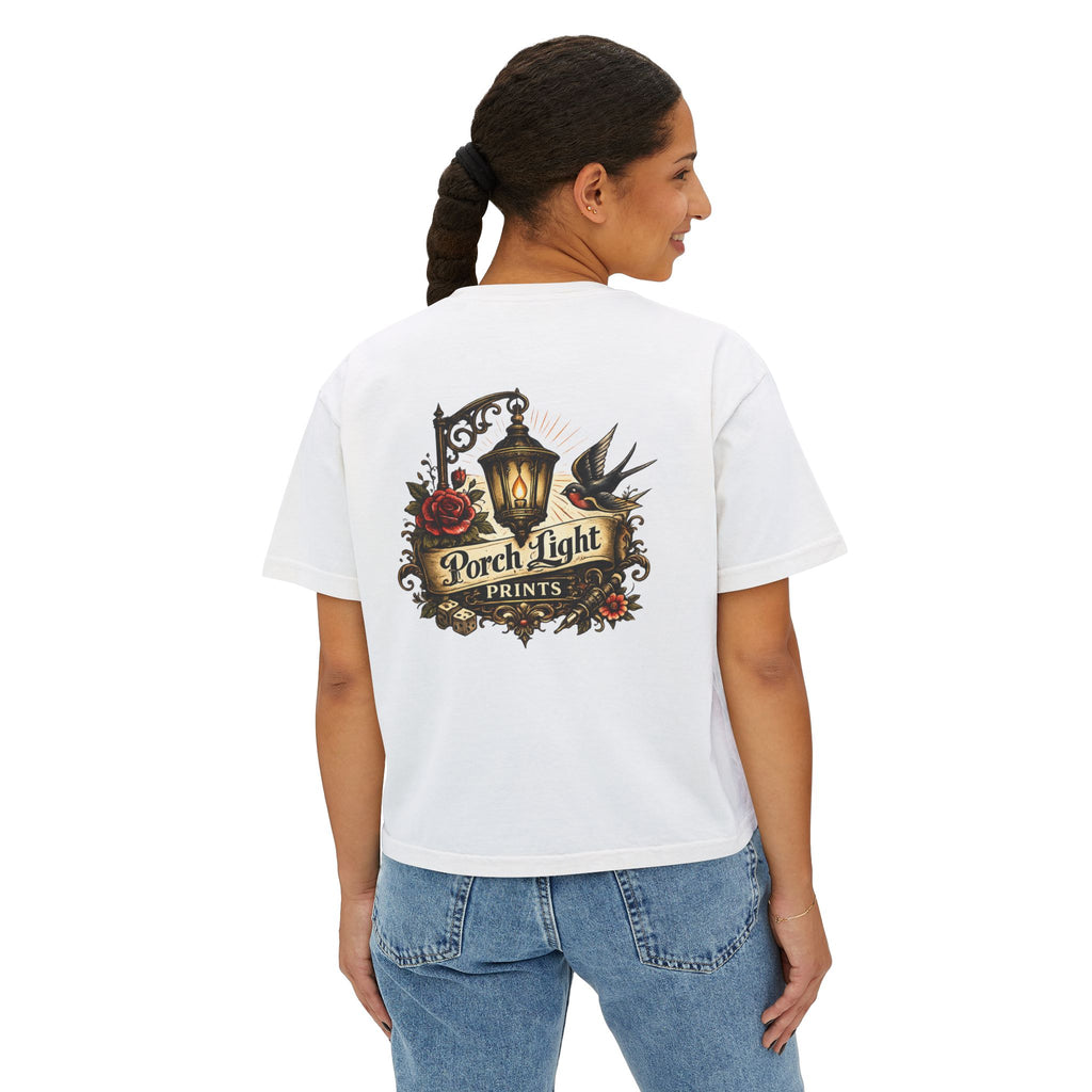 Women's Boxy Tee — Vintage Lantern & Cat Graphic T-Shirt