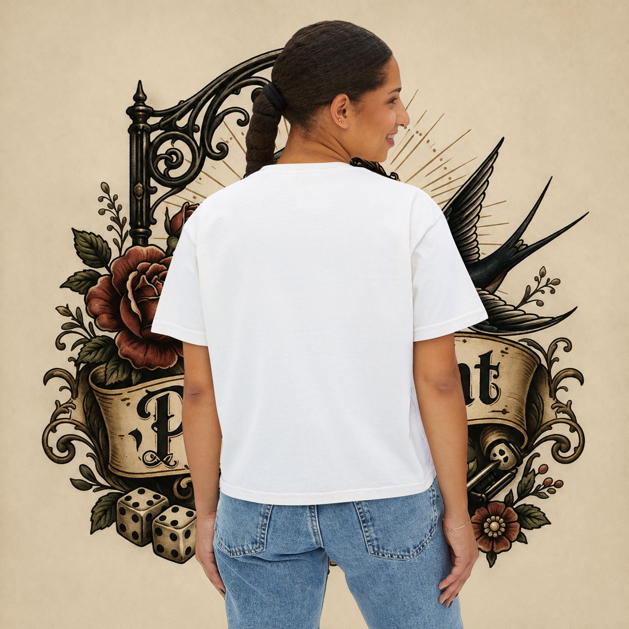 Women's Boxy Tee — Red Devil Girl Graphic "He Told Me No"