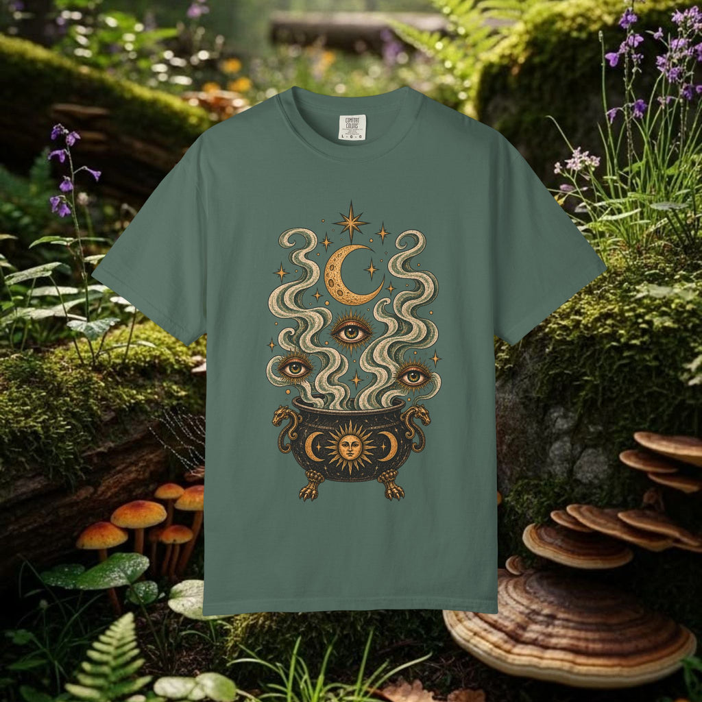Mystic Cauldron Tee — Moon, Stars & All-Seeing Eye Graphic T-Shirt