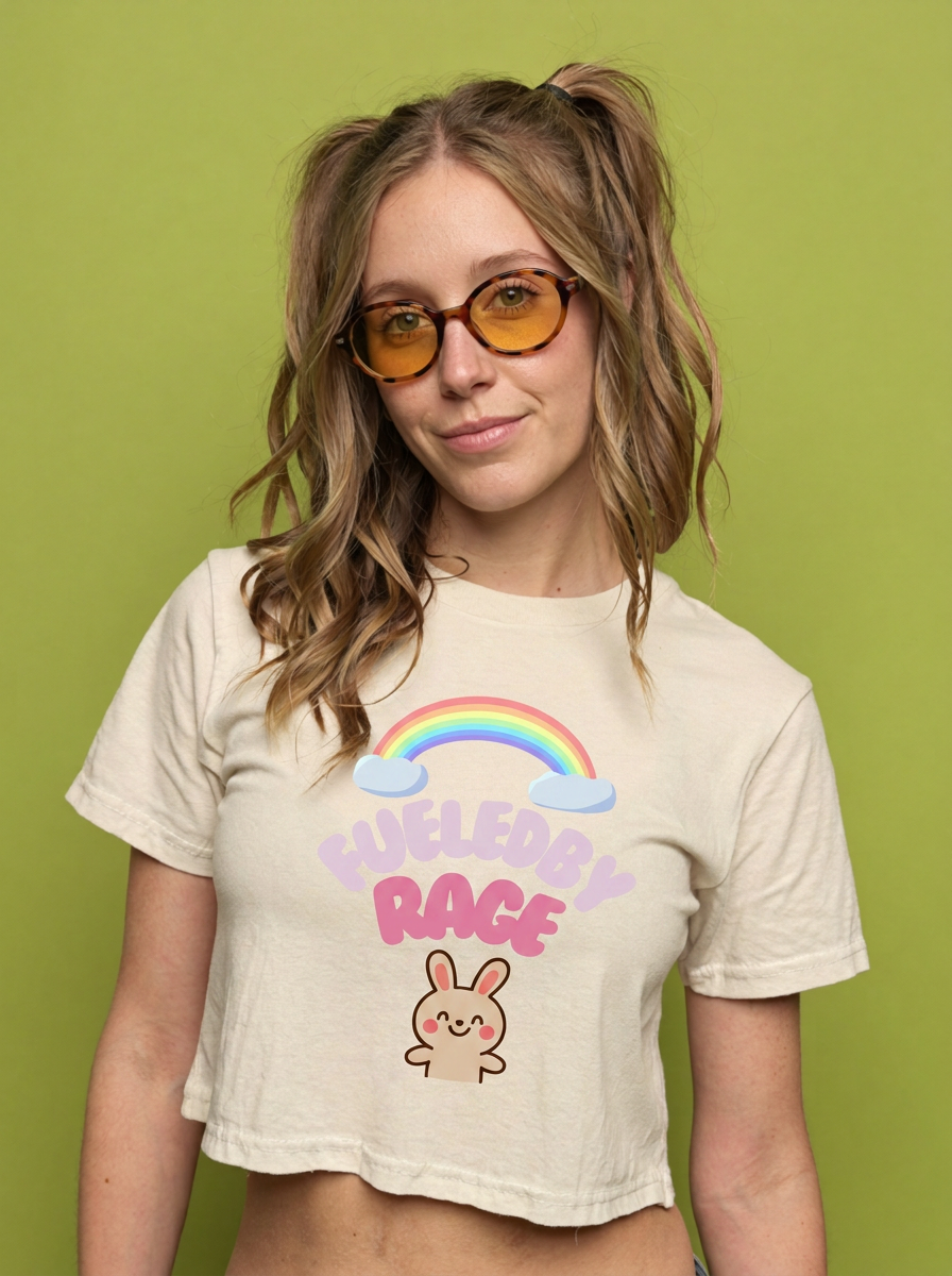 Women's Boxy Tee — "Fueled by Rage" Cute Rainbow Bunny Graphic