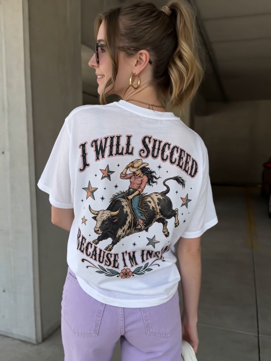 “I Will Succeed Because I’m Insane” Female Bull Rider Star Tee — Western Tattoo Pocket T-Shirt