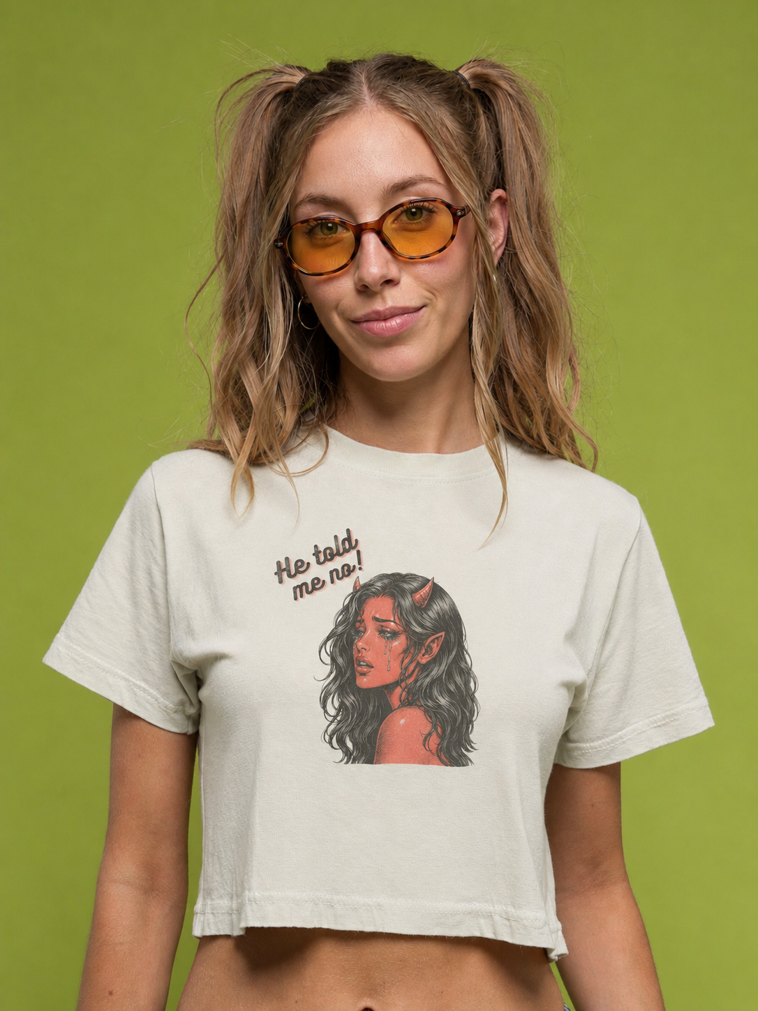 Women's Boxy Tee — Red Devil Girl Graphic "He Told Me No"