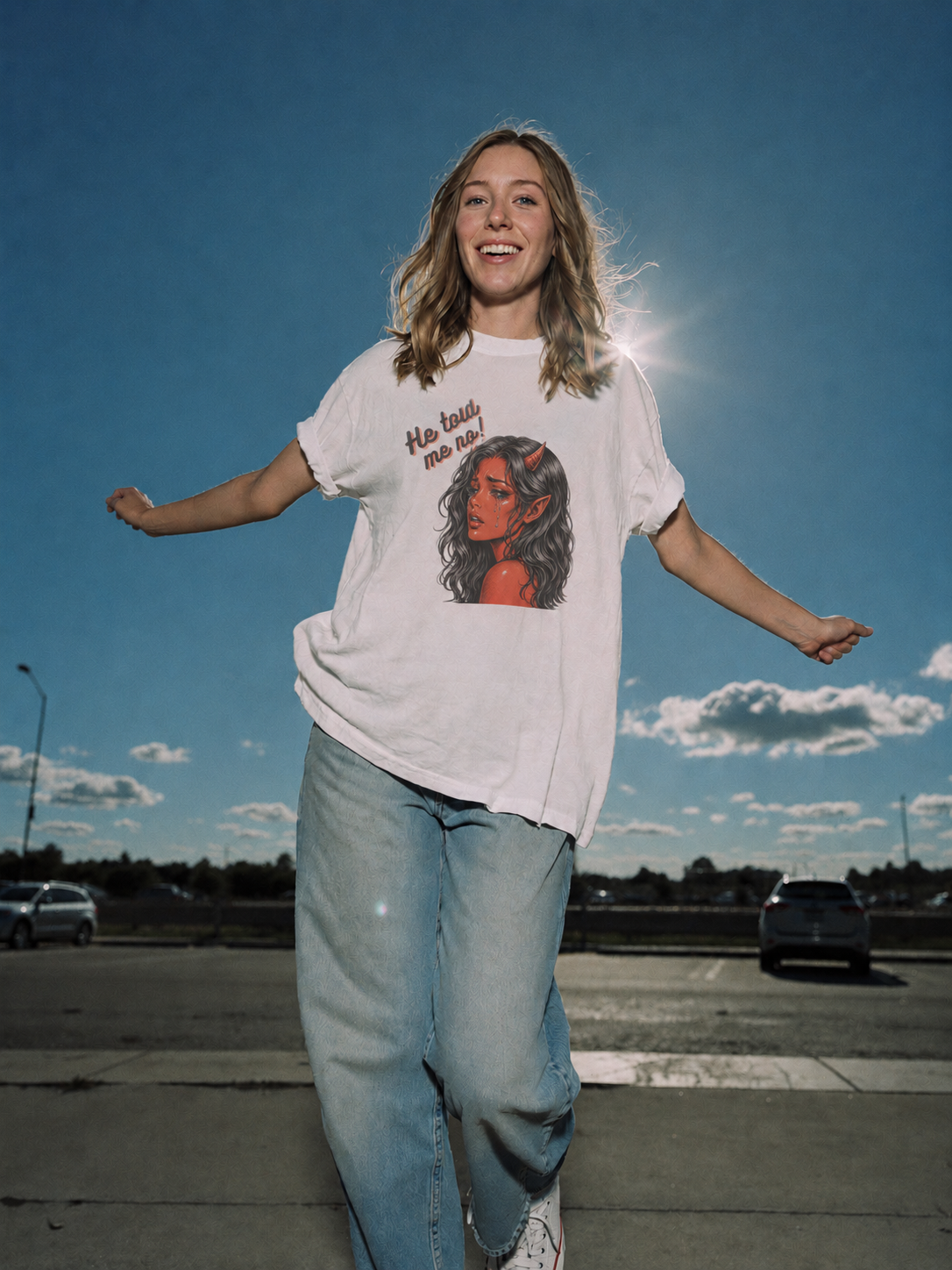 Devil Girl Graphic Tee — "He Told Me No" Oversized Boxy T-Shirt