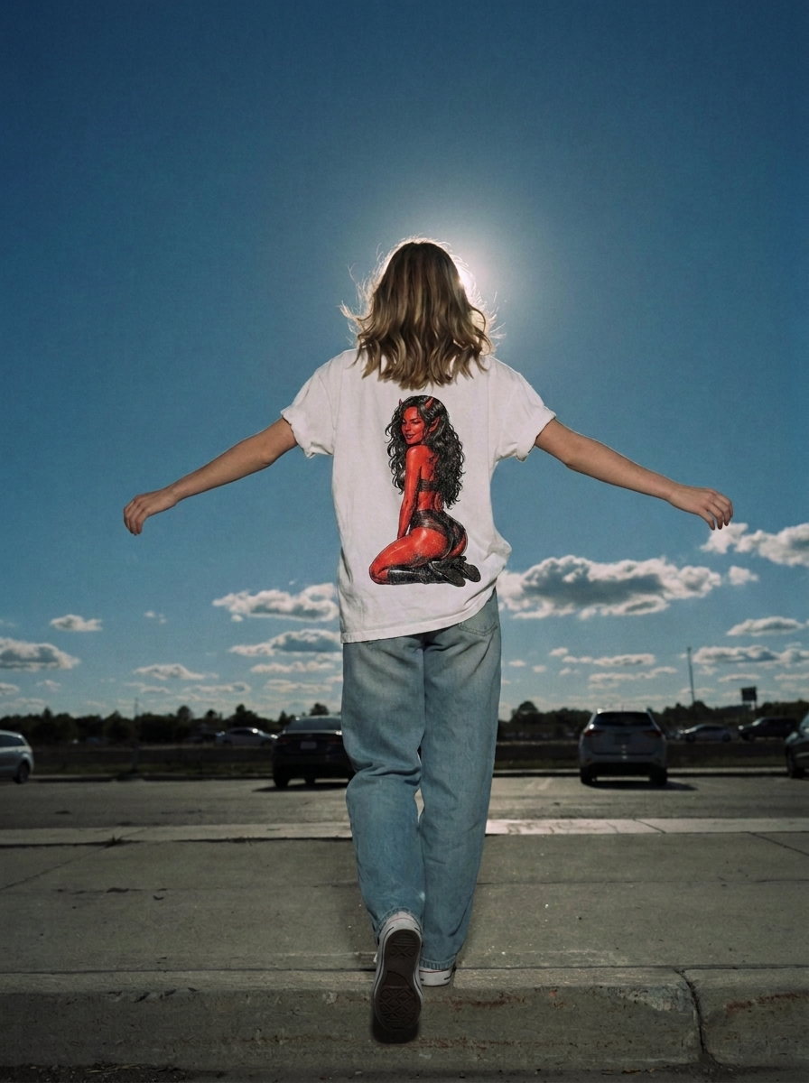 Devil Girl Graphic Tee — "He Told Me No" Oversized Boxy T-Shirt