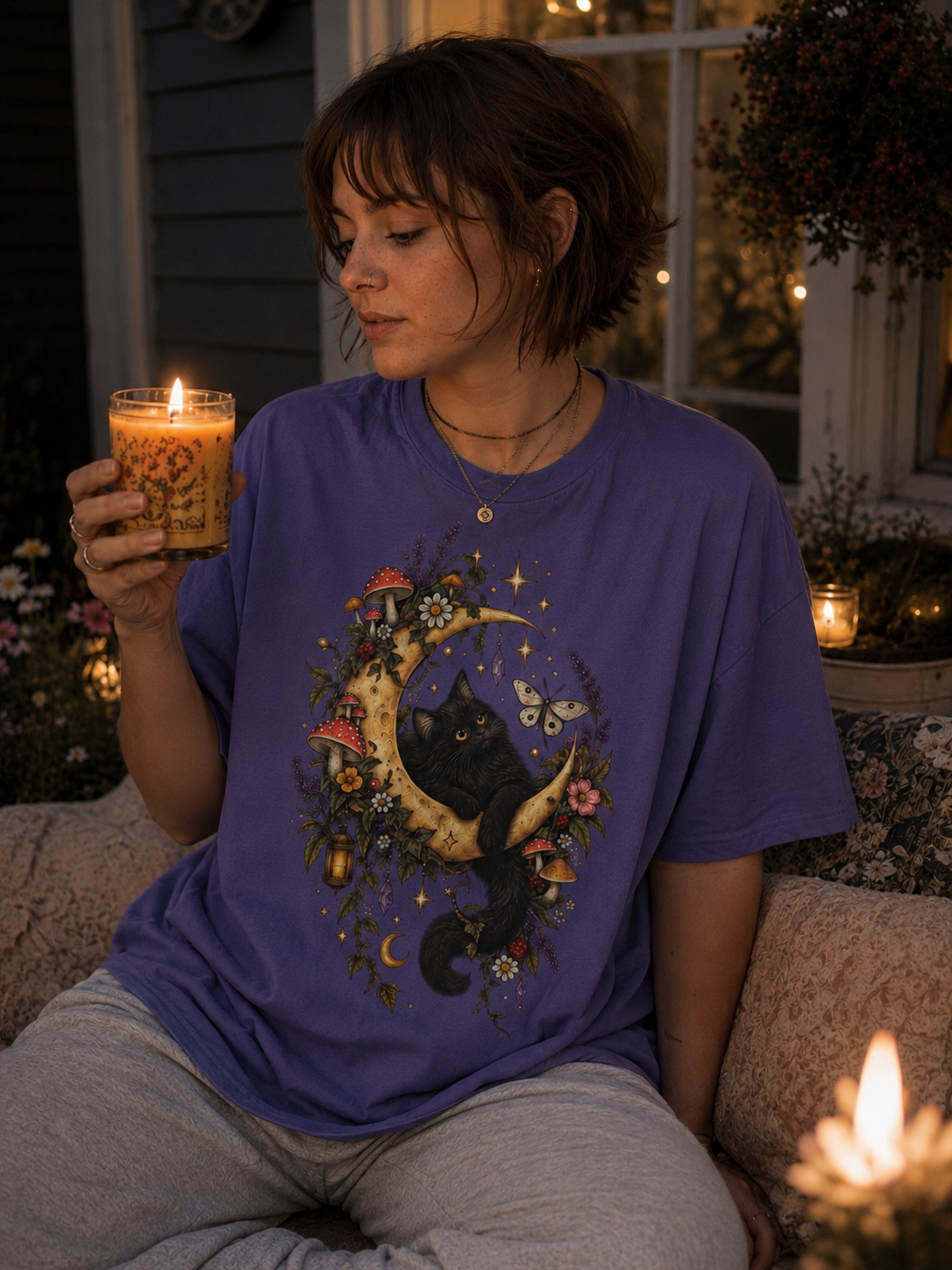 Moonlit Black Cat Oversized T-Shirt