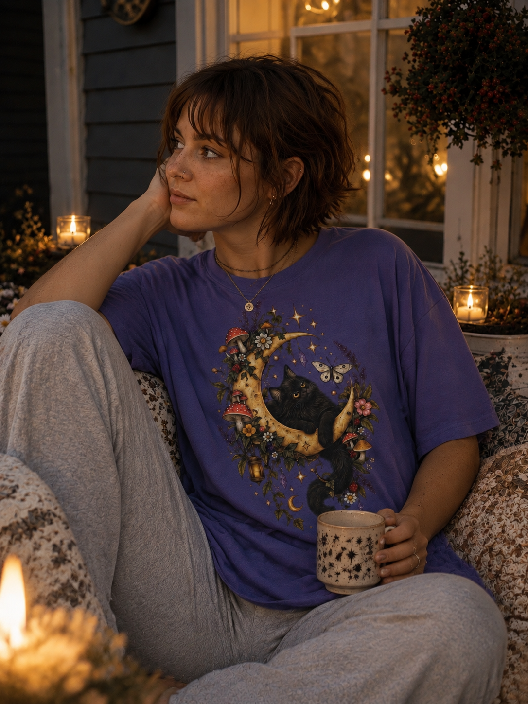 Moonlit Black Cat Oversized T-Shirt