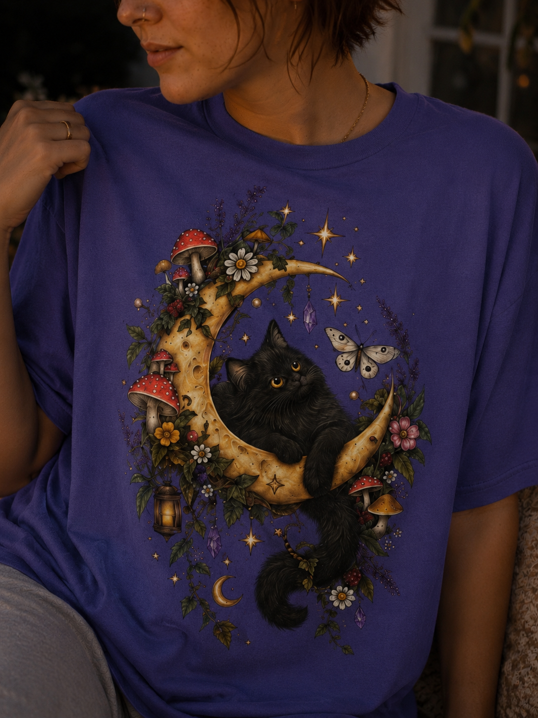 Moonlit Black Cat Oversized T-Shirt