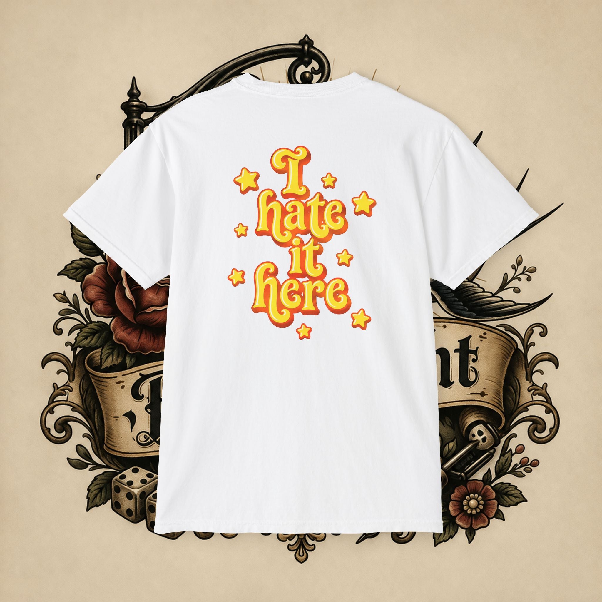I Hate It Here T-Shirt | Pocket Tee with Retro Yellow Script & Stars
