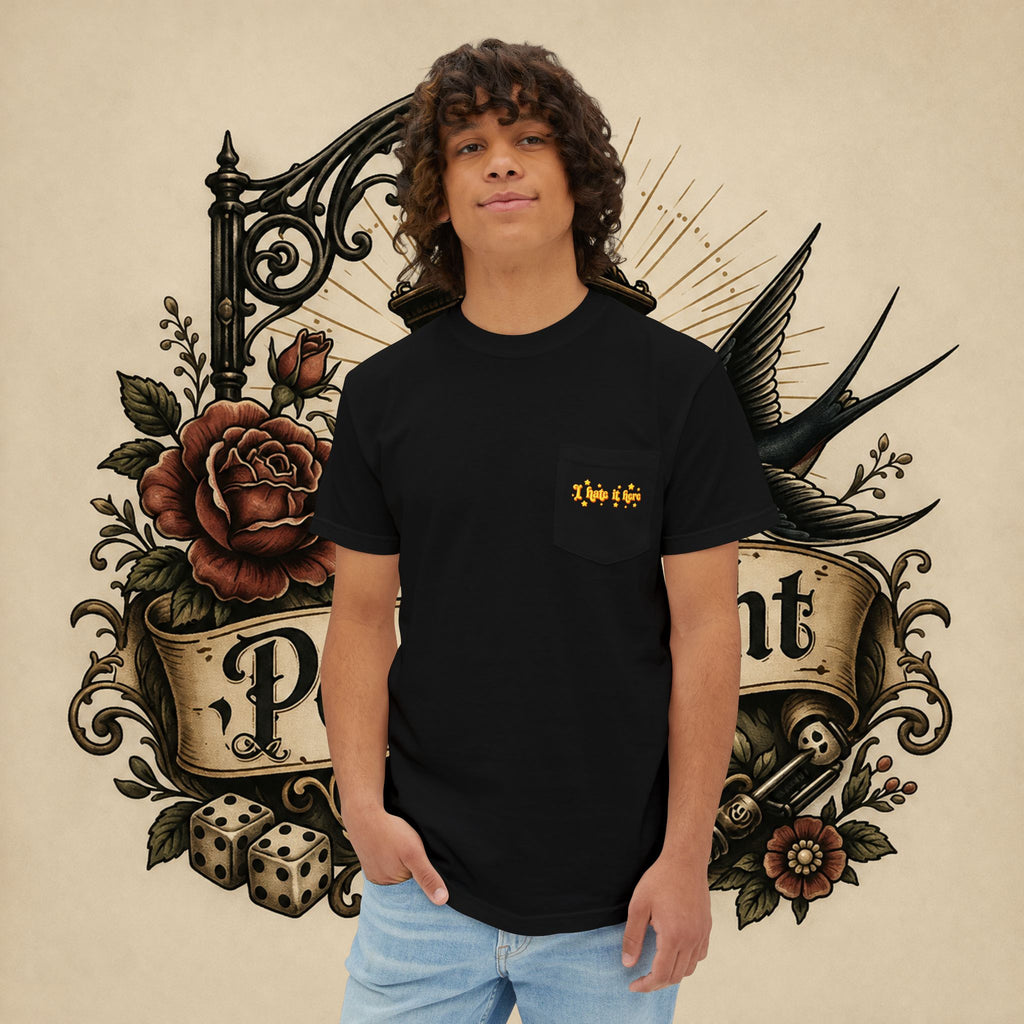 I Hate It Here T-Shirt | Pocket Tee with Retro Yellow Script & Stars