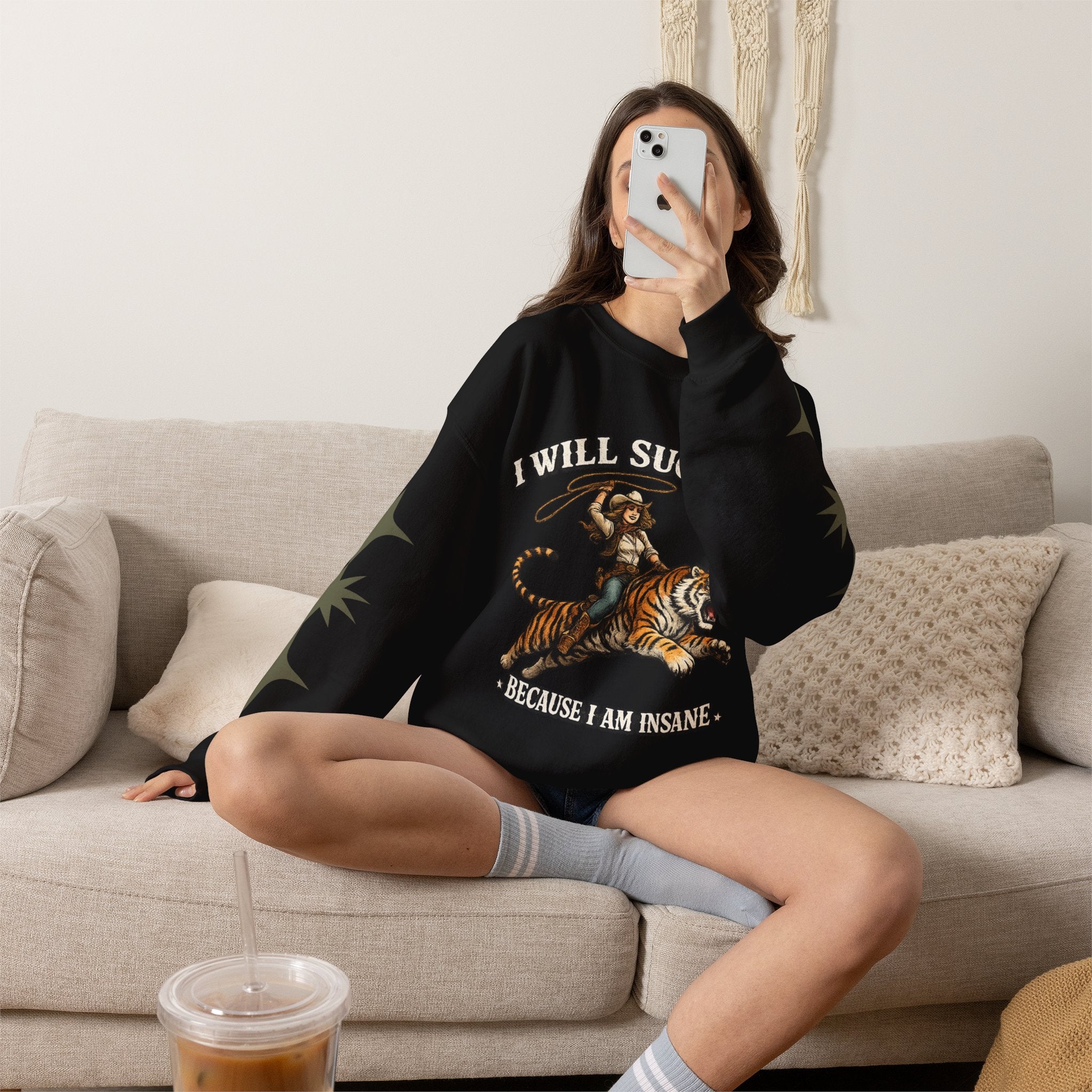 I Will Succeed "Because I Am Insane" Crewneck Sweatshirt — Vintage Tiger Rider Graphic