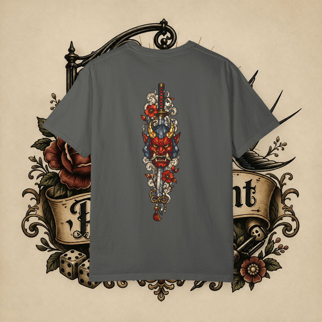 Japanese Text & Oni Mask T-shirt | Samurai Tattoo Back Print