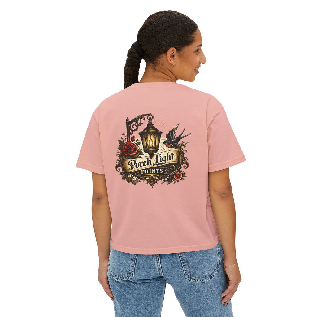 Women's Boxy Tee — Vintage Lantern & Cat Graphic T-Shirt